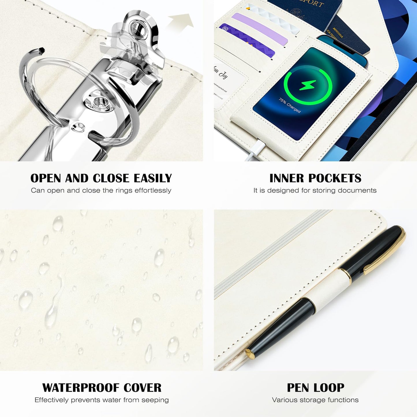 Ospelelf Leather 3 Ring Binder for Letter Size Documents with PVC Pocketed Dividers, Pencil Pouch & Notepad, 1 Inch Round Rings, Holds 175 Sheets, for Office School Home Organization, Flower White