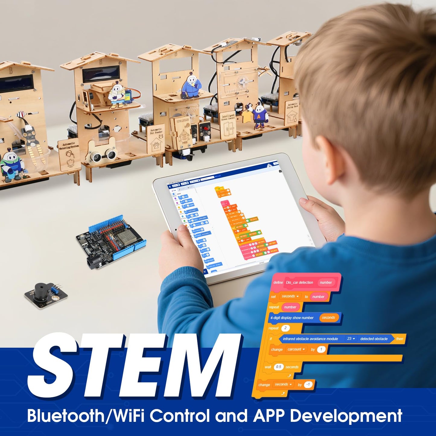 5-in-1 ESP32 STEM Kits for Kids Age 8-12, Wooden 3D Puzzle Toys Smart Home School Educational Science Building Kit for Students, Engineering Model Kits Birthday Gift Craft for Teen Boys Girls
