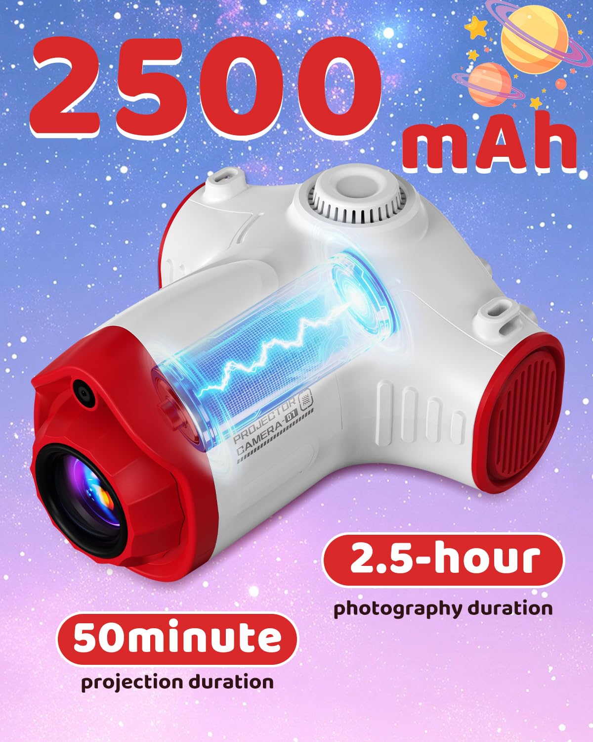 Kids Camera with Projector Spaceship 48MP HD Digital Camera for Kids 1080P Video Recorder Toy with 32GB SD Card & Tripod Outer Space Birthday for Boys Girls Age 3-12 (Red)