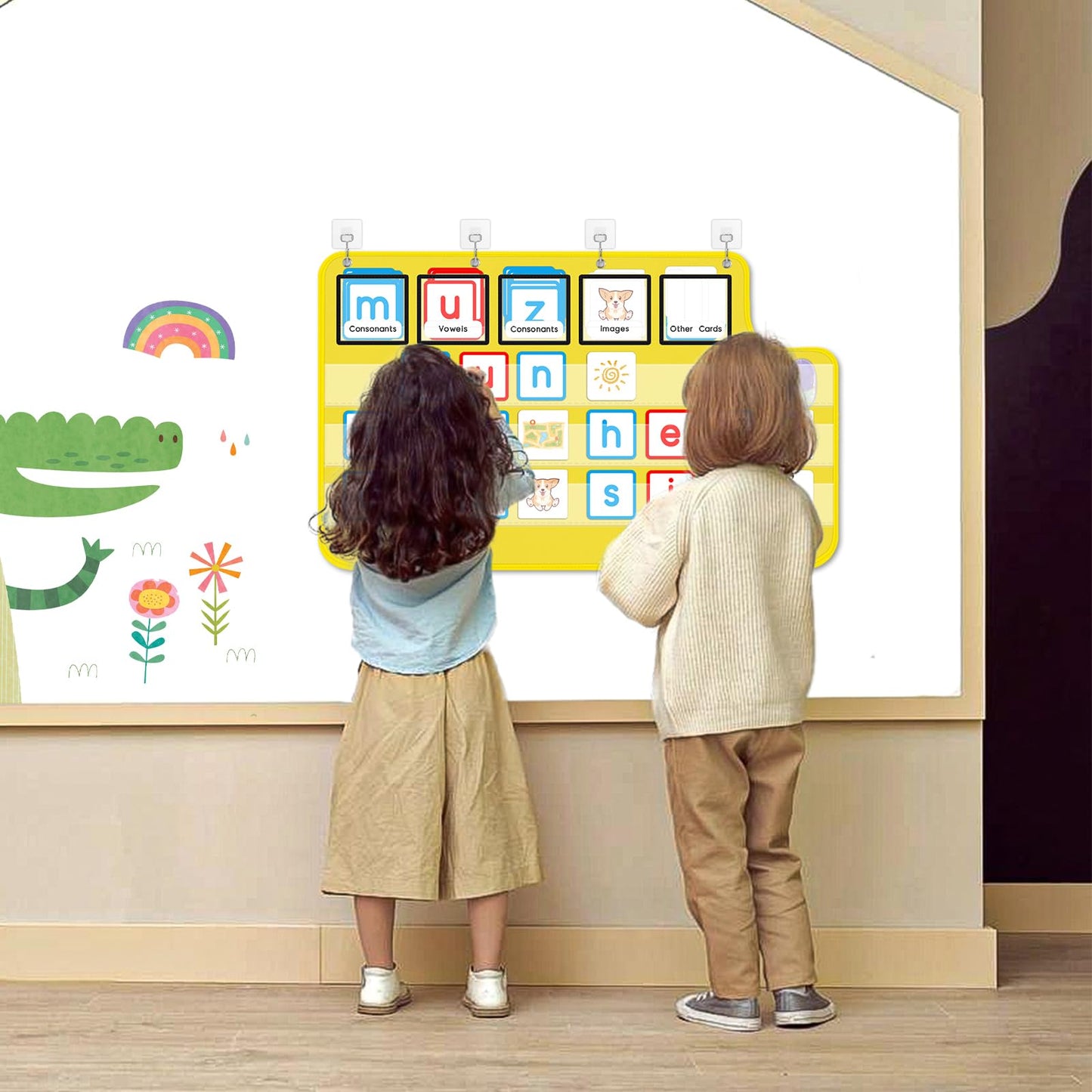 Pocket Chart for Classroom, 33 ⅞ " x 22" Large School Bus Shaped Pocket Charts for Kids, Back to School Supplies, Classroom Decor Hanging Pocket Charts with 8 Sentence Strips Holder (Yellow)