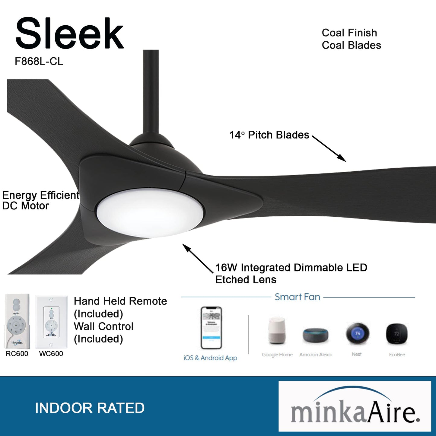 MINKA-AIRE Sleek 60in Smart Ceiling Fan with LED Light, Remote Control, Model F868L-CL/CL
