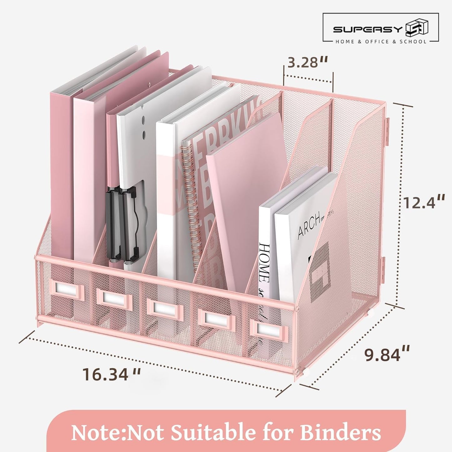 SUPEASY Desk Organizers Metal Desk Magazine File Holder with 5 Vertical Compartments Rack File Organizer for Office Desktop, Classroom, Home Workspace, Pink