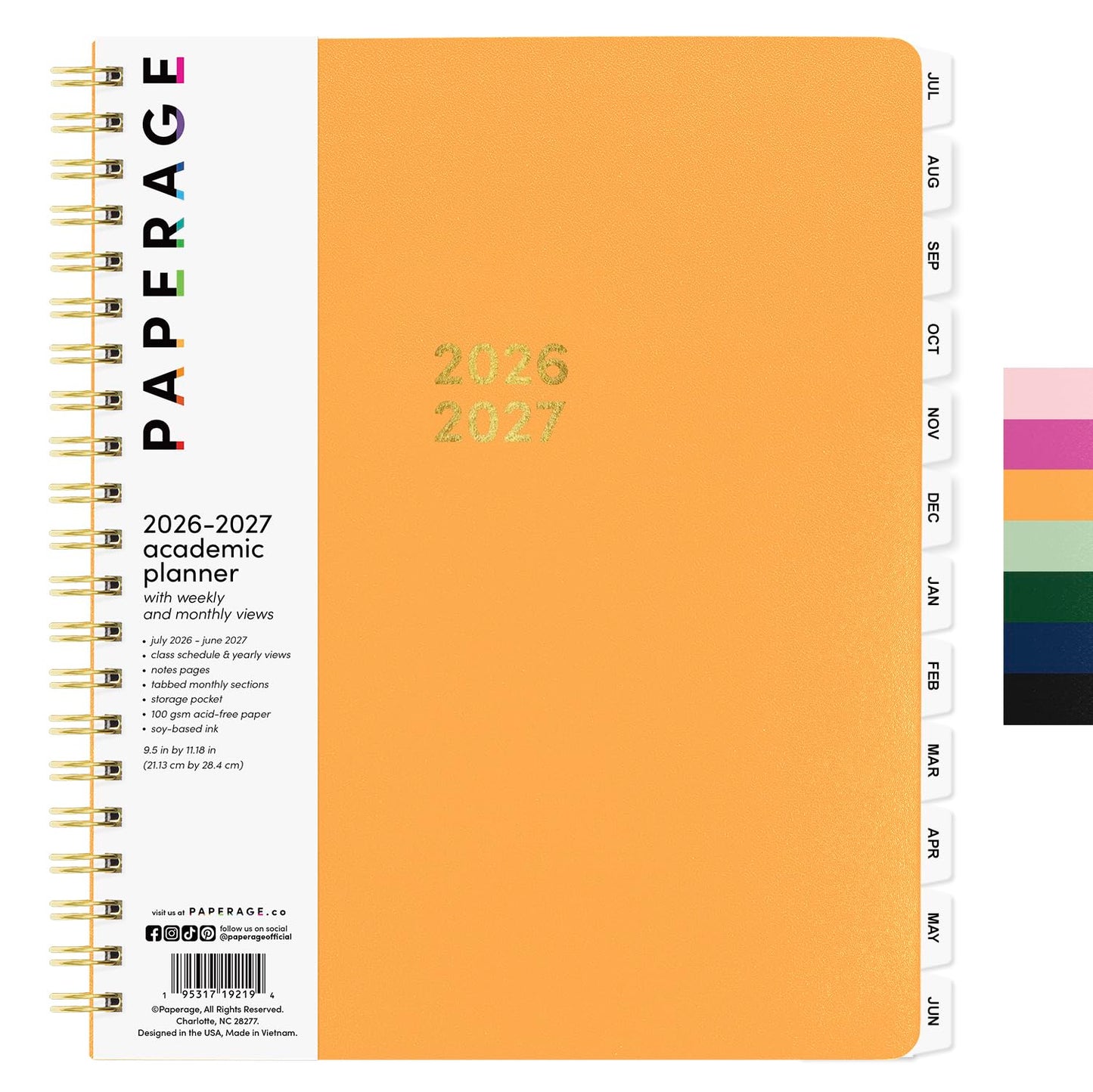 PAPERAGE Academic Planner, Weekly & Monthly Planner & Calendar, 12-Months, July 2026 - June 2027, (9.5" x 11"), School & Student Planning Agenda with Tabs, Bonus Pages & Inner Pocket, Marigold