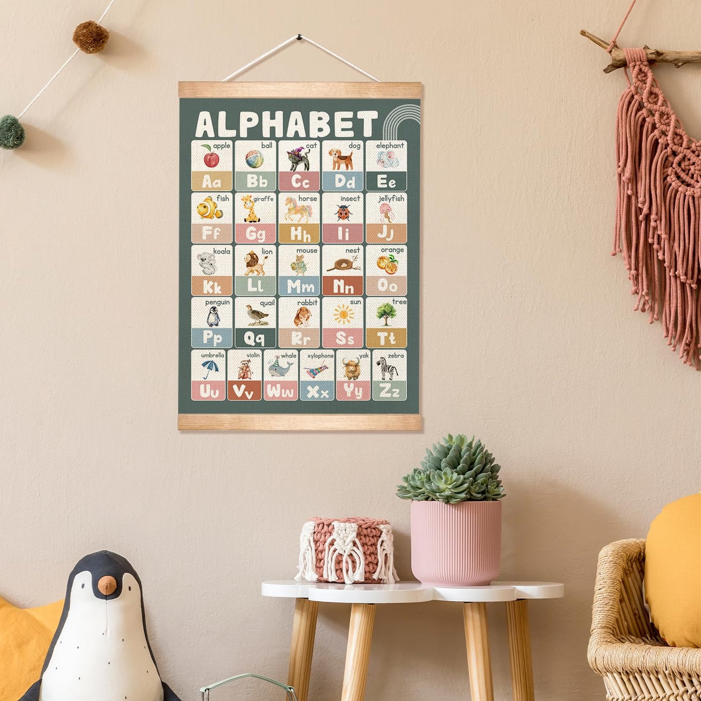 Educational Alphabet Chart Wall Art, 18.5x14Inch Colourful Alphabet Canvas Print Poster with Wooden Hanger, Classroom Learning Posters, A-Z Letters Wall Art Decor for Nursery,Playroom and Home School