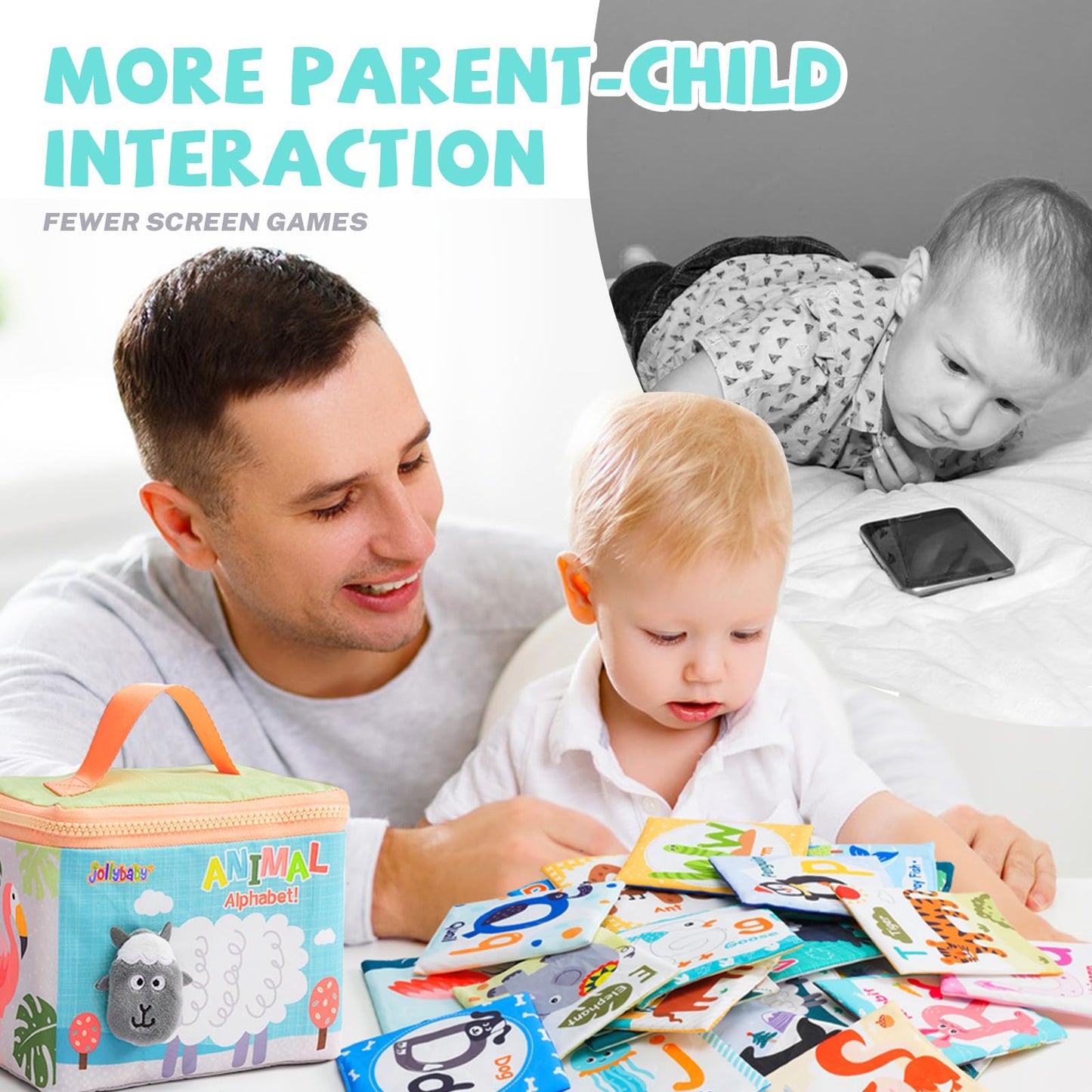 Jollybaby Reusable Soft Cloth ABC Alphabet/Letters Animal Flash Cards for Baby 0-6-12-18 Months, Curious Baby First Words Learning Activity Flashcards, Montessori Sight Words Toy - Easter Gifts