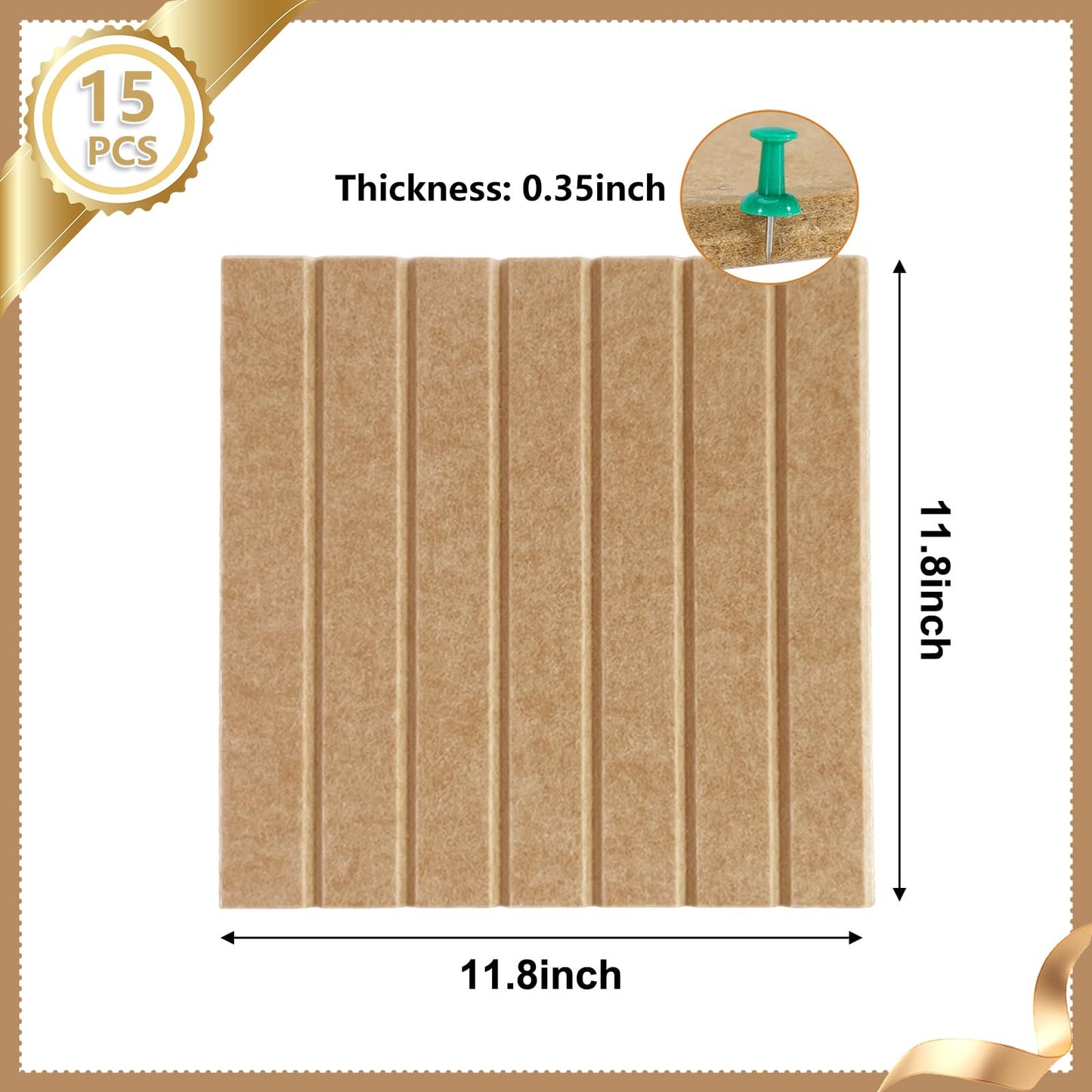 15 Pack Felt Bulletin Board, 35" x 59" Large Camel Pinboard with 30 Push Pins, Felt Pin Board, Self-Adhesive Cork Board Tiles for Home, Office Walls, School Classroom Message Photos Display