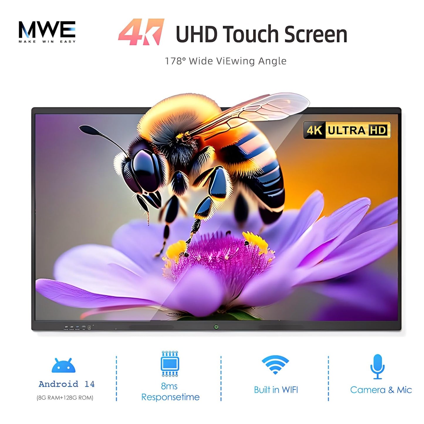 QIXZOCV 65" Smart Board for Classroom Office Home, All-in-One 4K Interactive Whiteboard, Digital Electronic Smartboard with 20 Point Touchscreen, Android 14, 8+128G (Wall Mount Included)