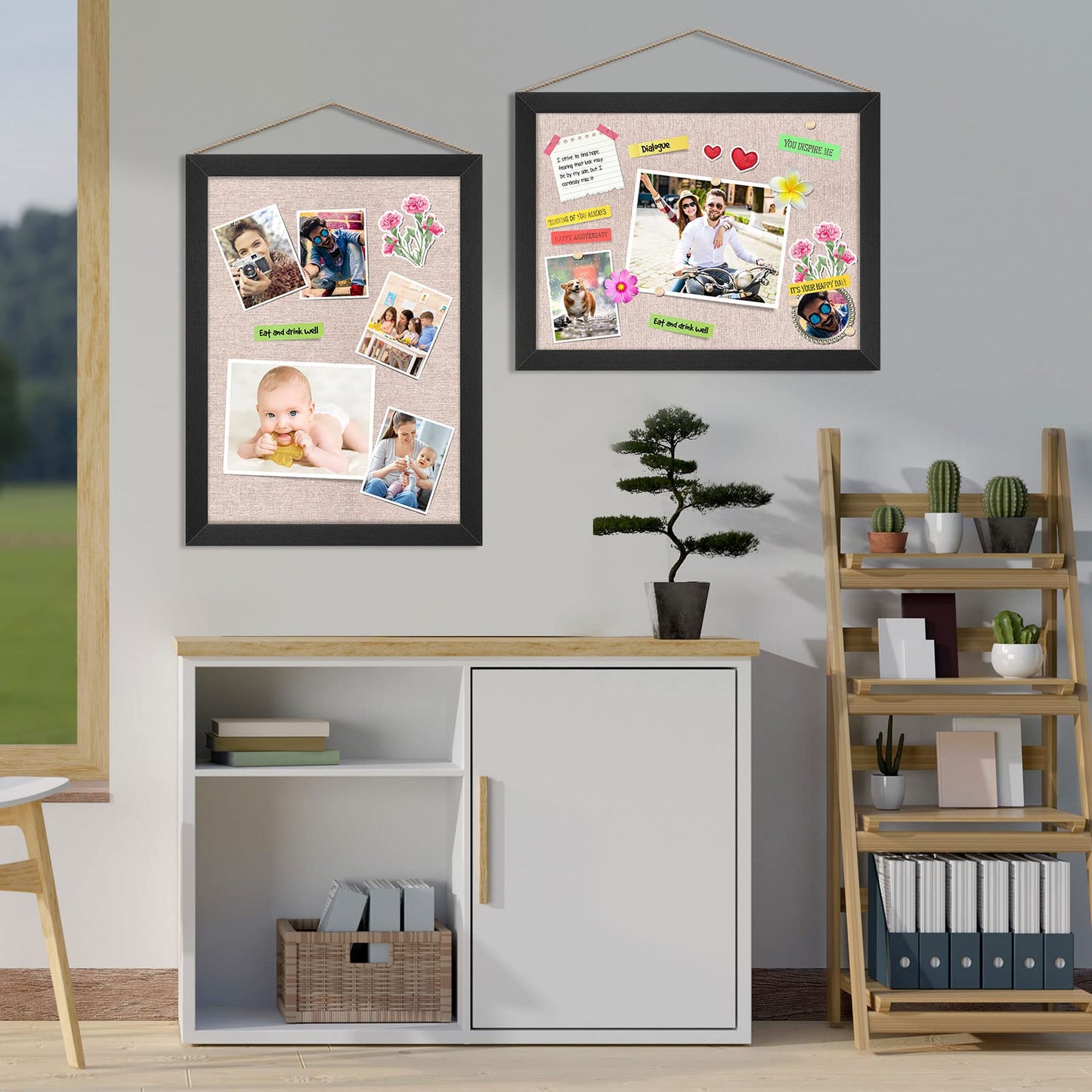 Teling 6 Pack Wood Bulletin Boards with Linen 12''x 16'' Cork Board for Walls with 60 Pushpin Decorative Wood Framed Display for Classroom School Office Bedroom (Black)