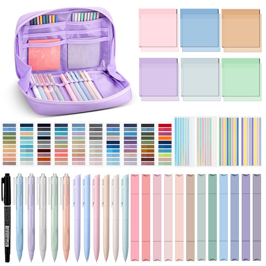 Trandraft 135 Pcs Book Annotation Kit Aesthetic Pencil Case Bag 12 Highlighter 11 Gel Pen 1 Marker 300 Sheet Transparent Sticky Notes Pad 2640 Index Stickers Bible Study Supplies(Kawaii,Purple)
