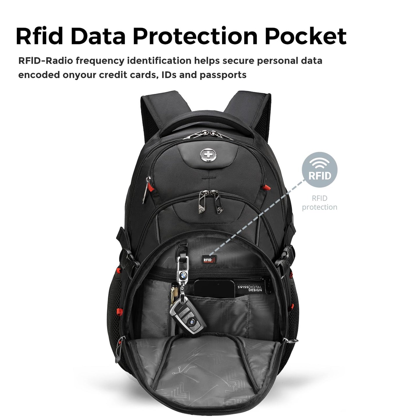 Swissdigital Design Laptop Backpack with USB Charging Port, Travel Backpack Fits 15.6 inches Computer, 31L College School Backpack for Men, Black | SD803-01