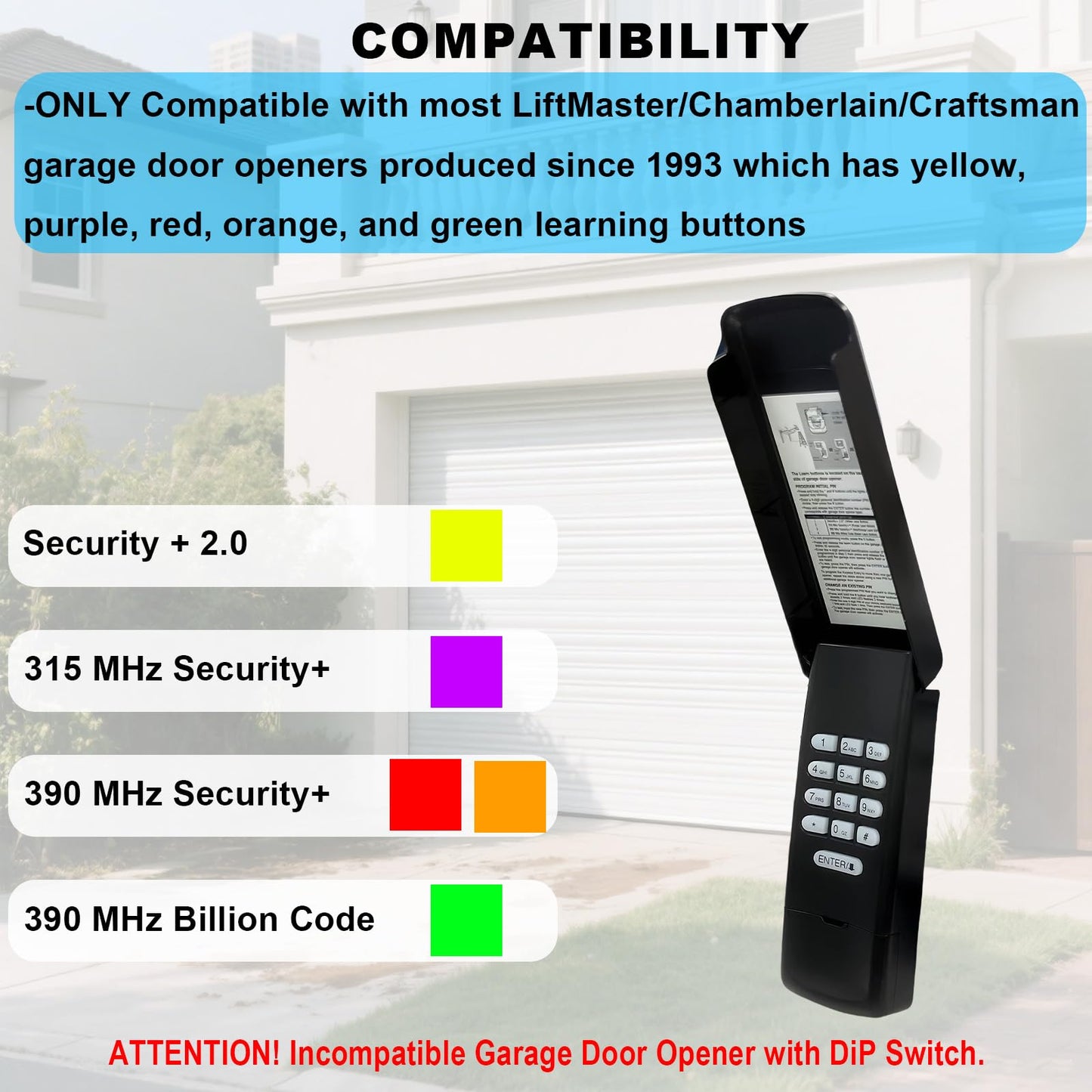 XDTKML Garage Door Opener Keypad Replacement for Liftmaster Chamberlain Craftsman Garage Door Opener Keypad Compatible with Purple/Red/Orange/Green/Yellow Learn Button Since 1993 - Black Shell