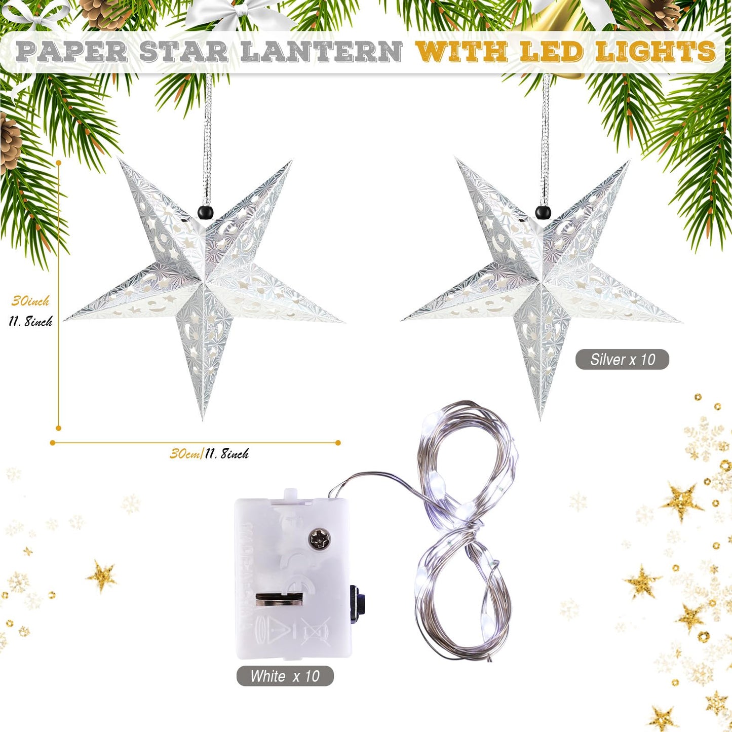 Zhanmai 10 Pcs Christmas Paper Star Lantern Lampshade 3D Hanging Lights with 20 LED, Silver