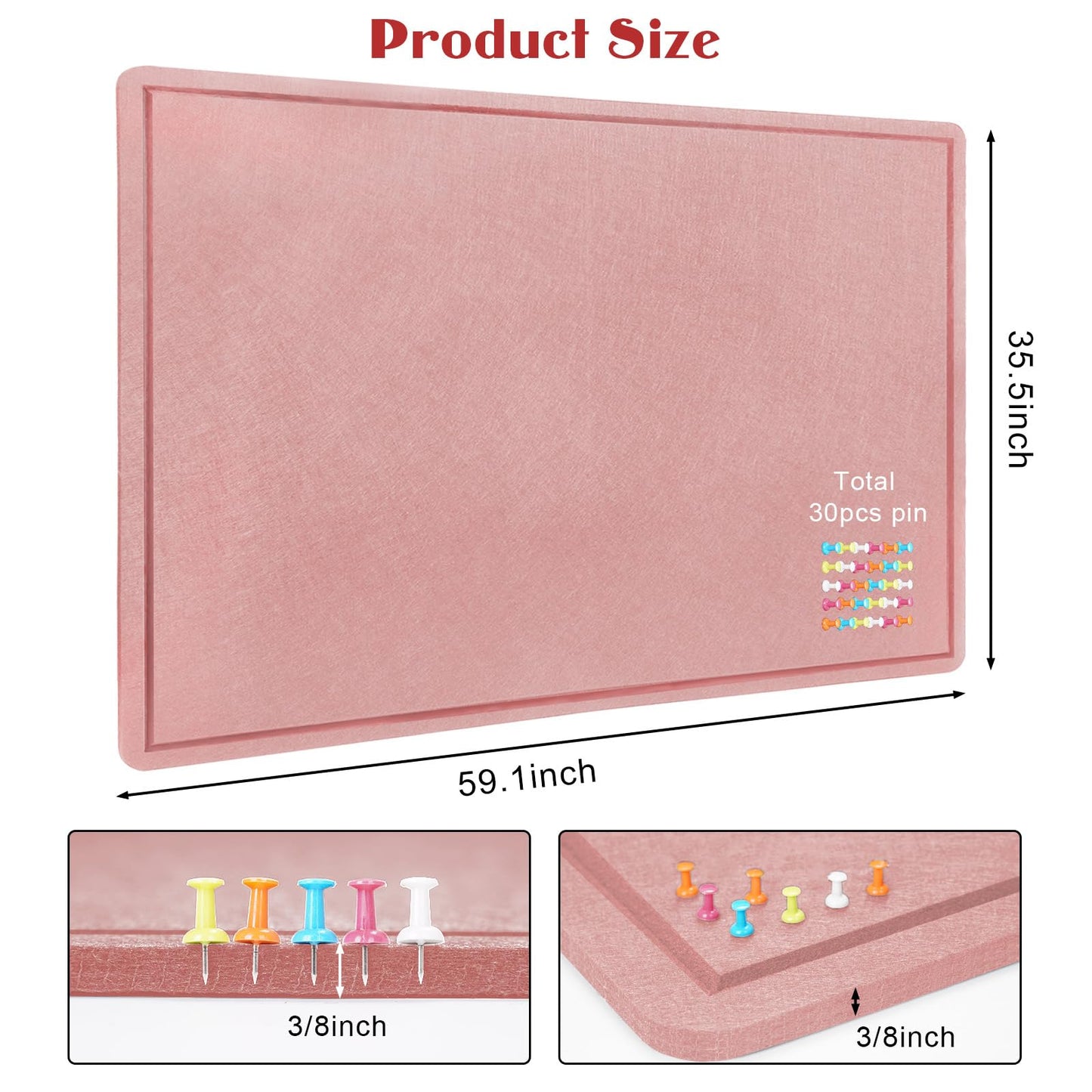 Large Bulletin Board - 60 X 36 inches Decorative Felt Pin Board - 5' x 3' Cork Board Alternative for Wall - Foldable Photo Board Self-Adhesive Vision Board Prayer Board with 30 Pushpins - Pink