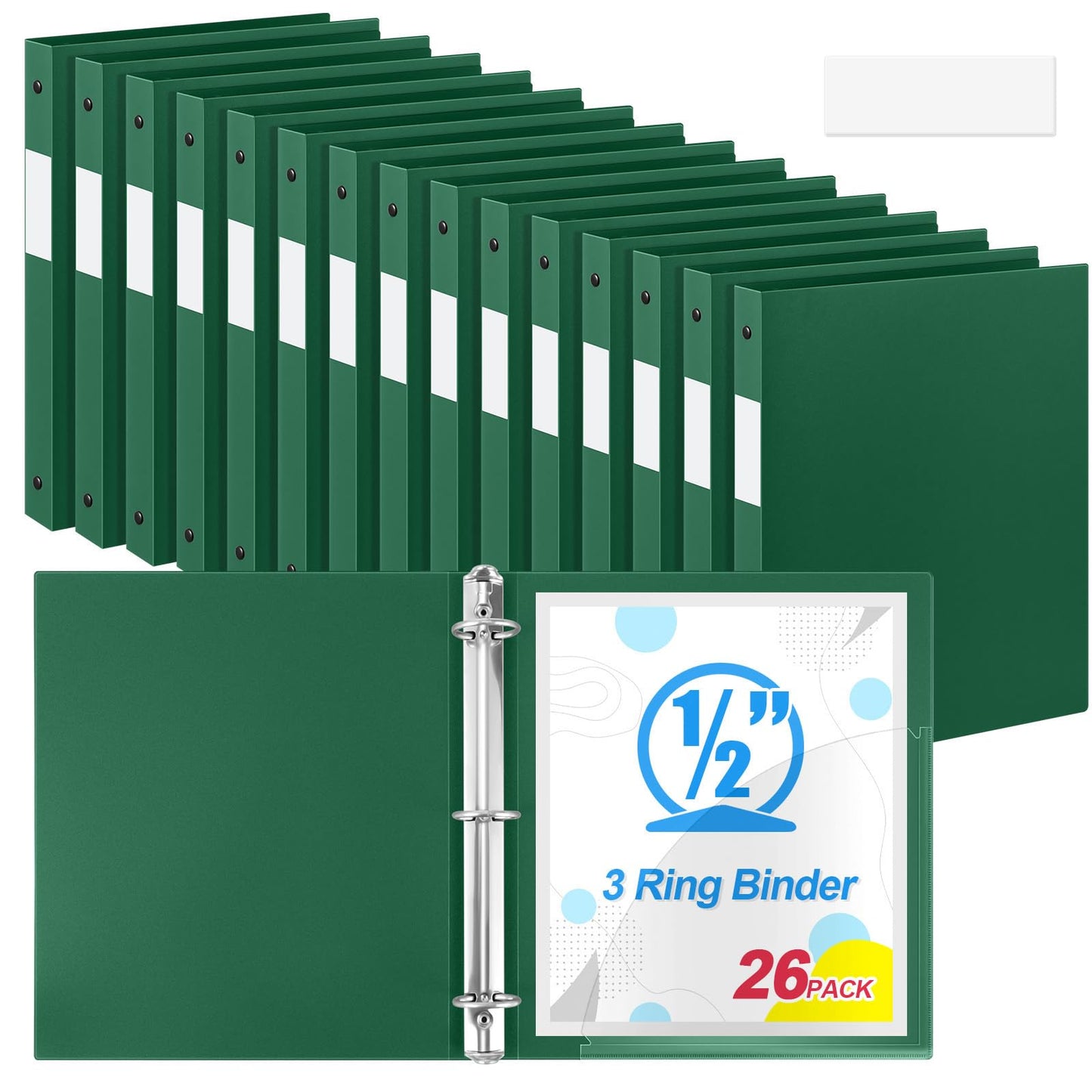 Henoyso 26 Pack 0.5 Inch Plastic 3 Ring Binder Round Ring, Bulk 1/2 Inch Flexible Binders Hold 140 Sheets Letter Size with Pocket, Document Organizer for Back to School Classroom Office (Dark Green)