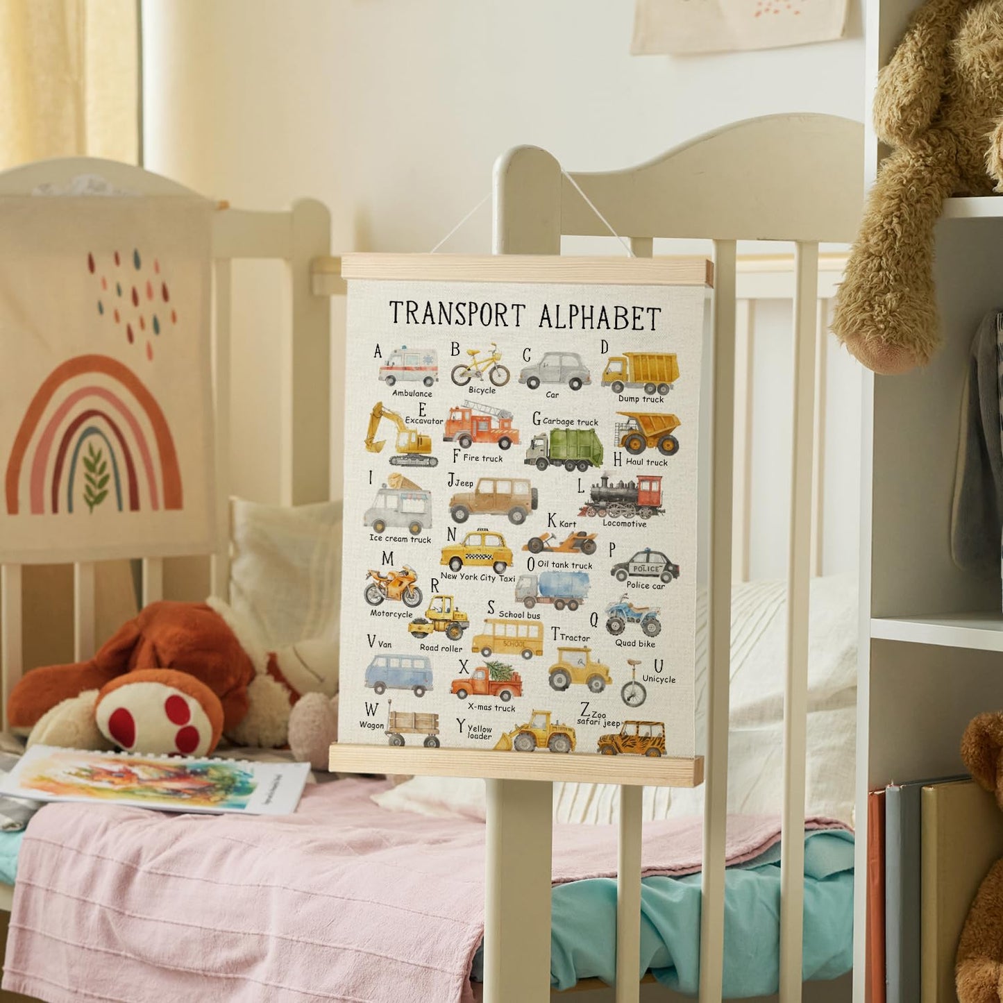 Nrleey Transport Alphabet Poster for Toddlers - ABC Posters for Toddlers, Educational Banner Poster Hanger Frame for Kids, Construction Decor for Boys Room Playroom Wall Art, 12x16 Inches