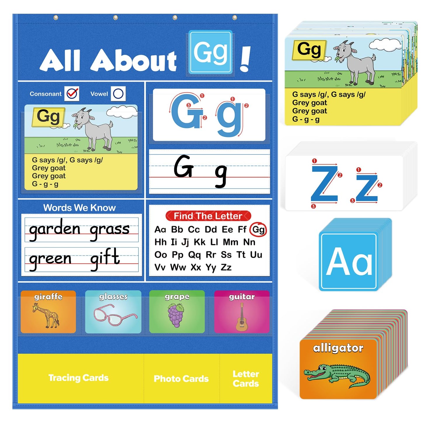 Torlam Alphabet Learning Pocket Chart Alphabet Wall Chart ABC Flash Cards Learning Games, Handwriting Practice Letter Tracing for Kids Homeschool Preschool Kindergarten Learning Activities Must Haves