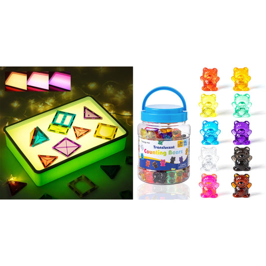 Odoorgames Green Sand Painting Light Box - 100 Pcs Translucent Bear Counters - 10 Colors - Kindergarten Classroom & Light Table Manipulatives - Counting Animals and Color Sorting Bears for Kids