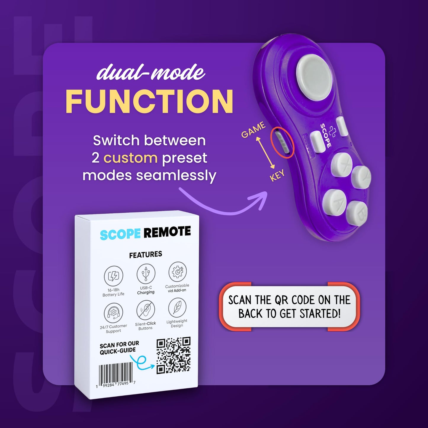 Scope Remote- Remote for Anki. Customizable with Anki Add-on, Compatible with Windows, Mac, iOS, iPad, and Android. Quizlet Compatible, Anki Controller. Amethyst Purple, Plus (16-18 Hours Battery)