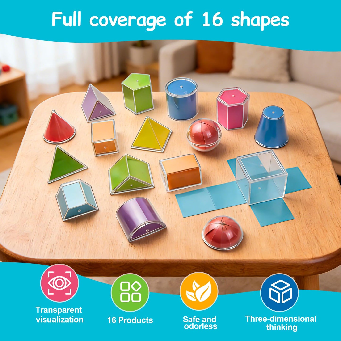 TOMMYHOME Geometric Shapes Manipulatives, 16pc Geometric Solids Set Folding Demonstrator Manipulatives for School Teaching Math, Classroom Must Haves, Homeschool Math Teaching Supplies (16 PCS)