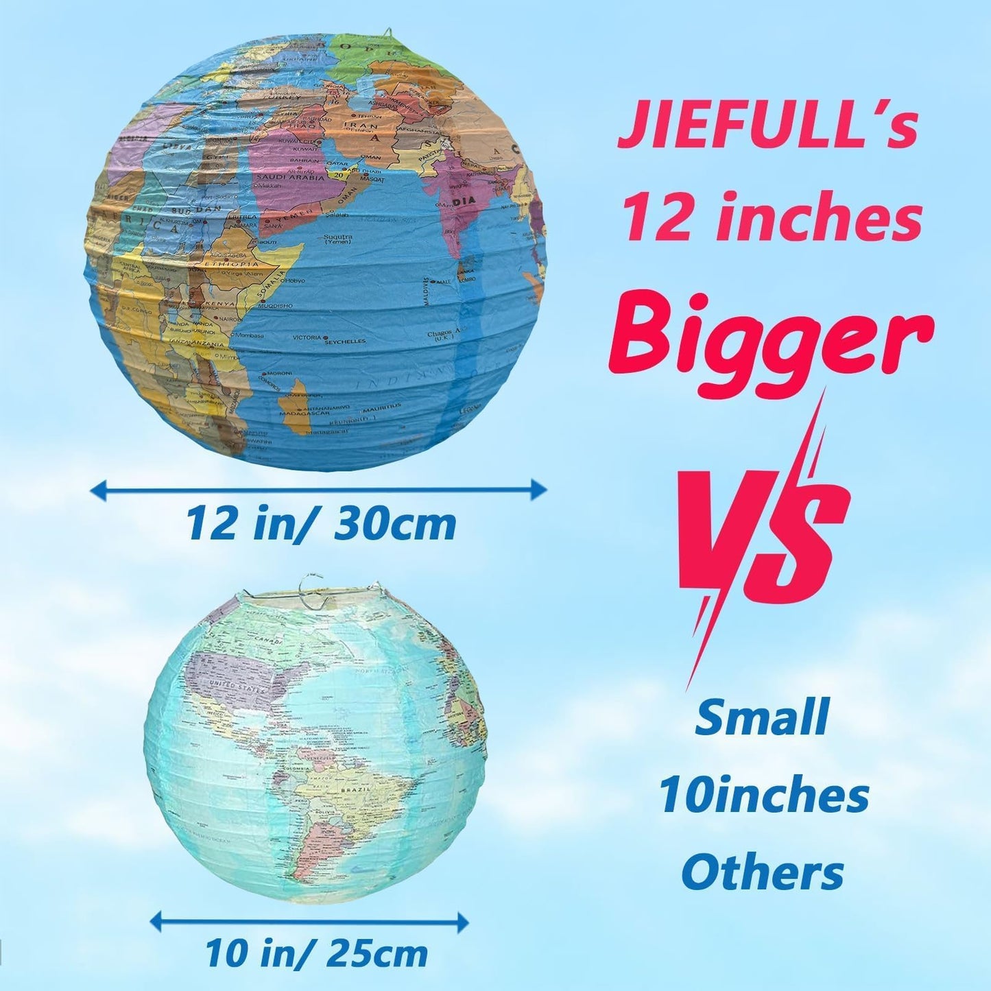 JIEFULL 16 Pcs 12 Inch Globe Paper Lanterns for Ceiling Hanging, Large Earth Lantern Around The World Map Decorations