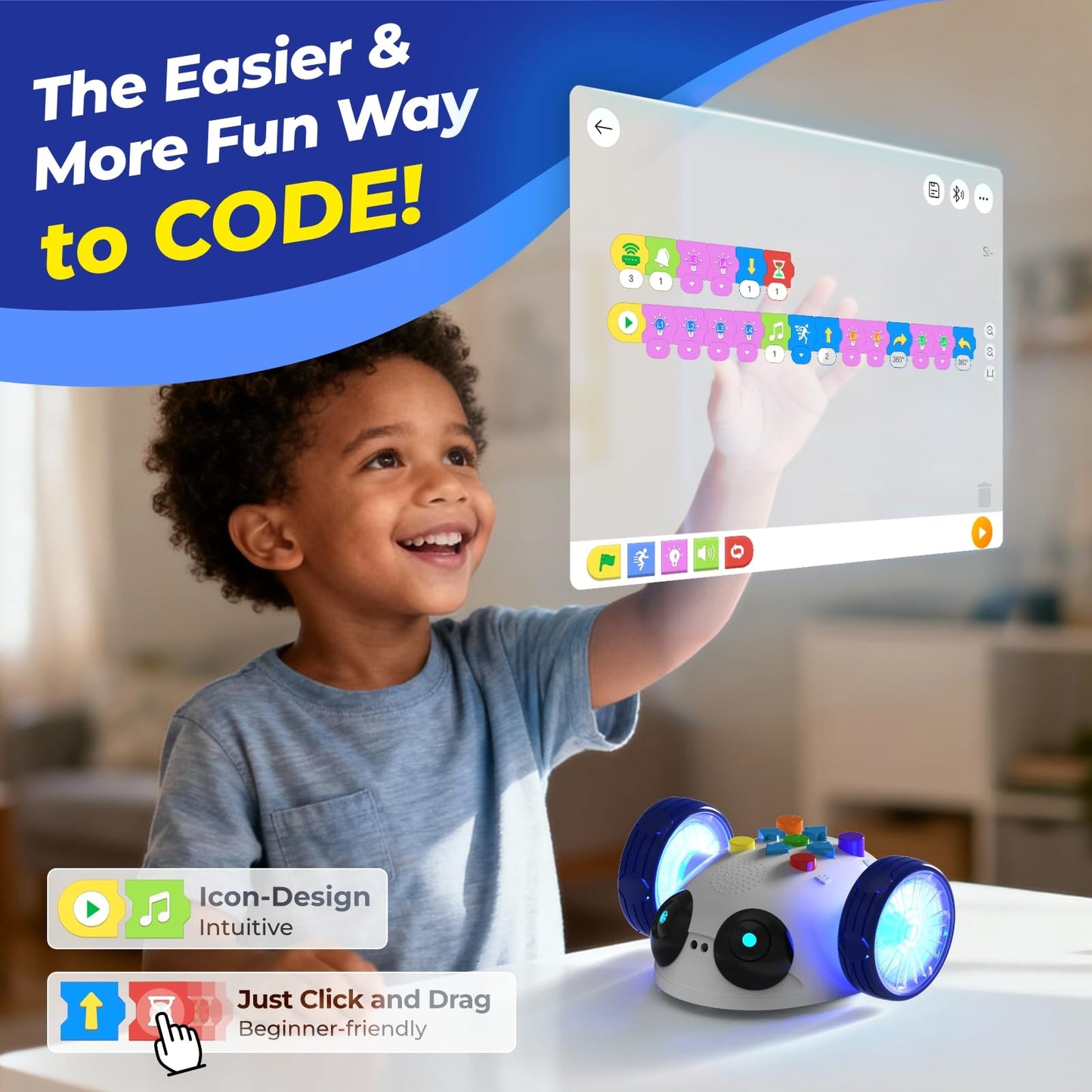 Apitor Coding Robot Toys for Kids Ages 5+, STEM Robot Toy Kit with Wheels and Play Cards, Screen Free Remote Control Programming Interactive Toy for Boys and Girls Ages 5-8