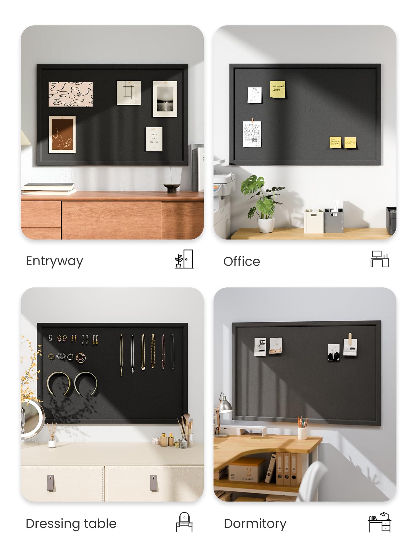 Fluxynara Foldable Cork Board Alternative, Felt Bulletin Board 35.4" x 23.6" Black Frame with 24 Adhesive Tabs, Pin Board for Home Office, Classroom, Entryway, Kitchen Wall Decor—Black