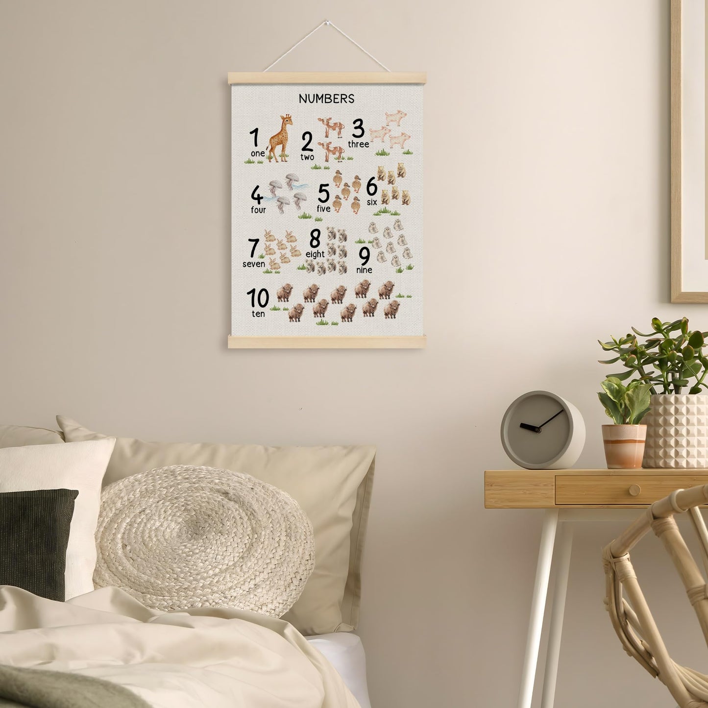 MOTERMATE Woodland Farm Nursery Number Wall Art Poster Chart, Learning Educational Canvas Poster Hanger Frame for Toddlers Classroom, Safari Nursery Wall Hanging Banner Decor for Classroom, 12x16 Inch