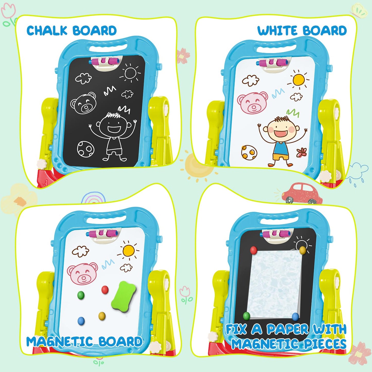 Toddler Art Easel for Kids, Double-Sided Magnetic Whiteboard & Chalkboard with Painting Accessories, Rotatable Easel Toy Gift for Boys and Girls