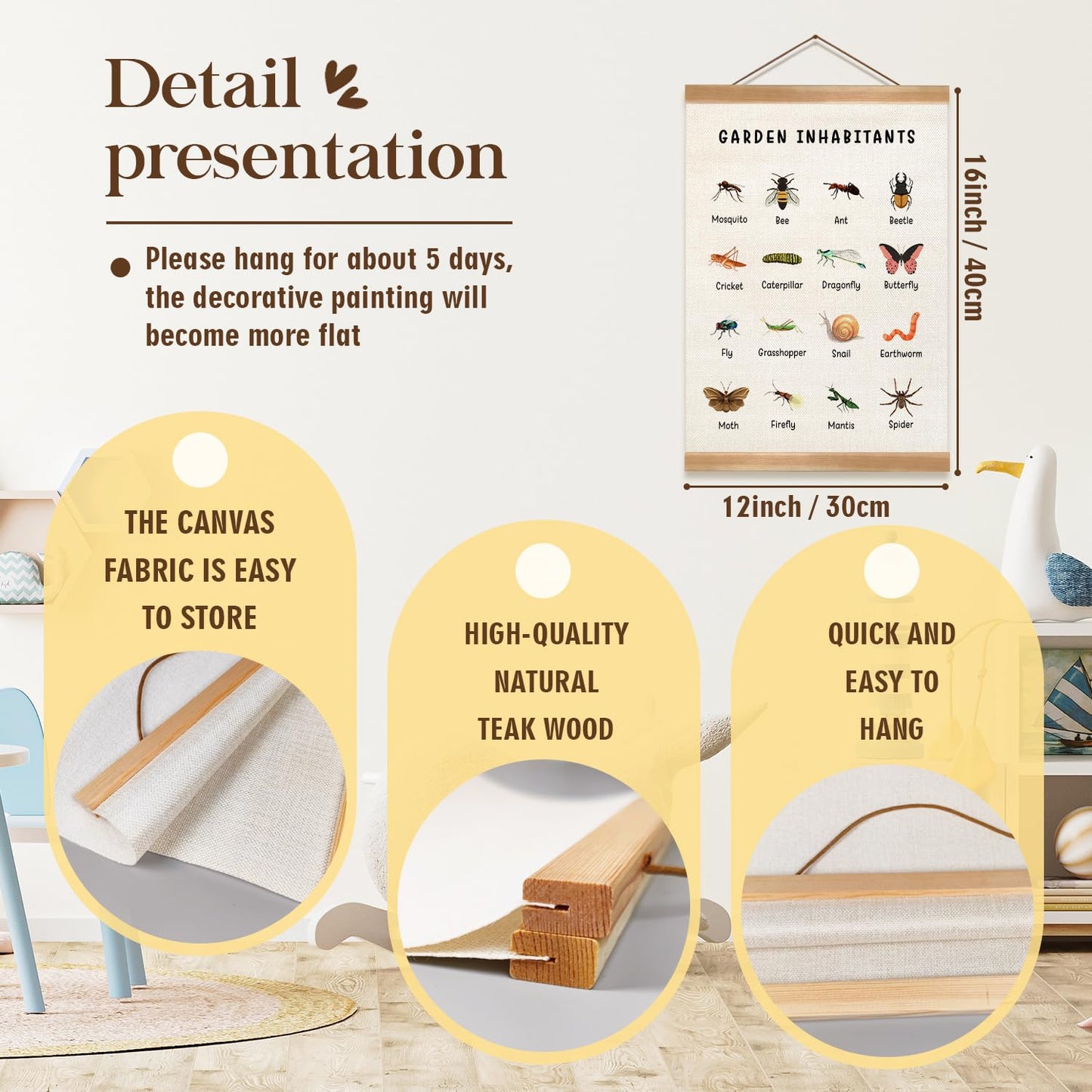 ZTGDA Insect Posters Garden Inhabitants&Beetles Linen Canvas Wall Art with Wooden Frame, Montessori Nature Posters for Classroom Playroom or Homeschool Decor(Set of 2 Insect)