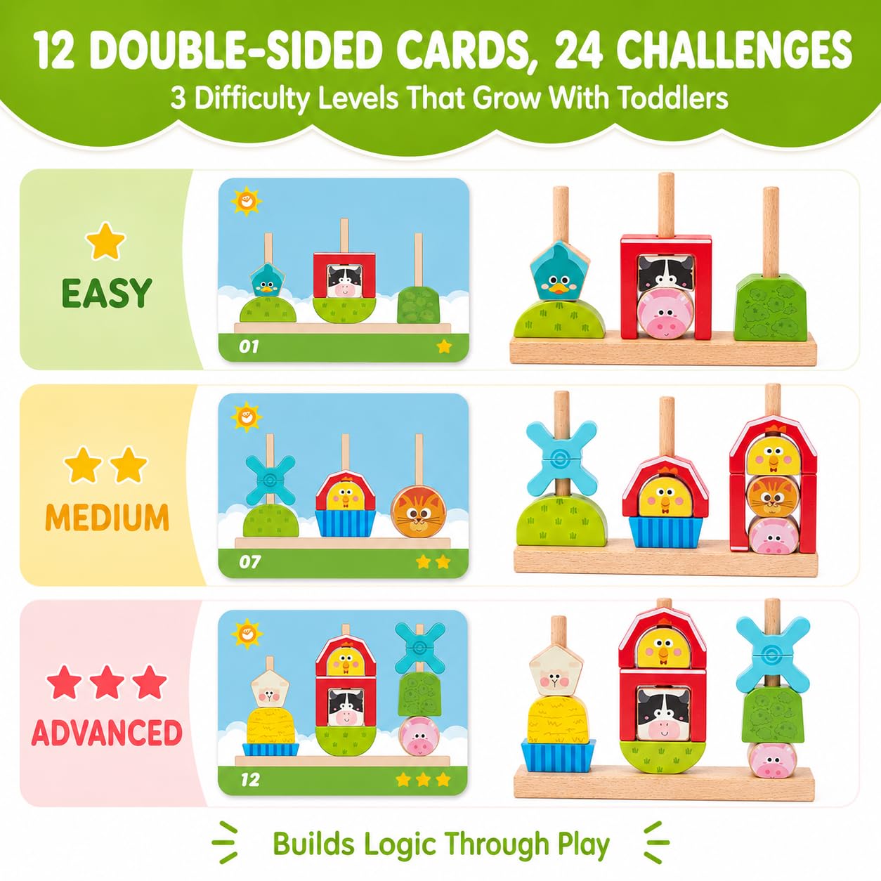 hahaland Montessori Toys for 1 2 3 Year Old, Wooden Farm Stacking & Sorting Toy with Lacing Beads, Shape Cards & Brain Blocks, Toddler Puzzle Activity, Learning Gift for Boys Girls 12 Month+