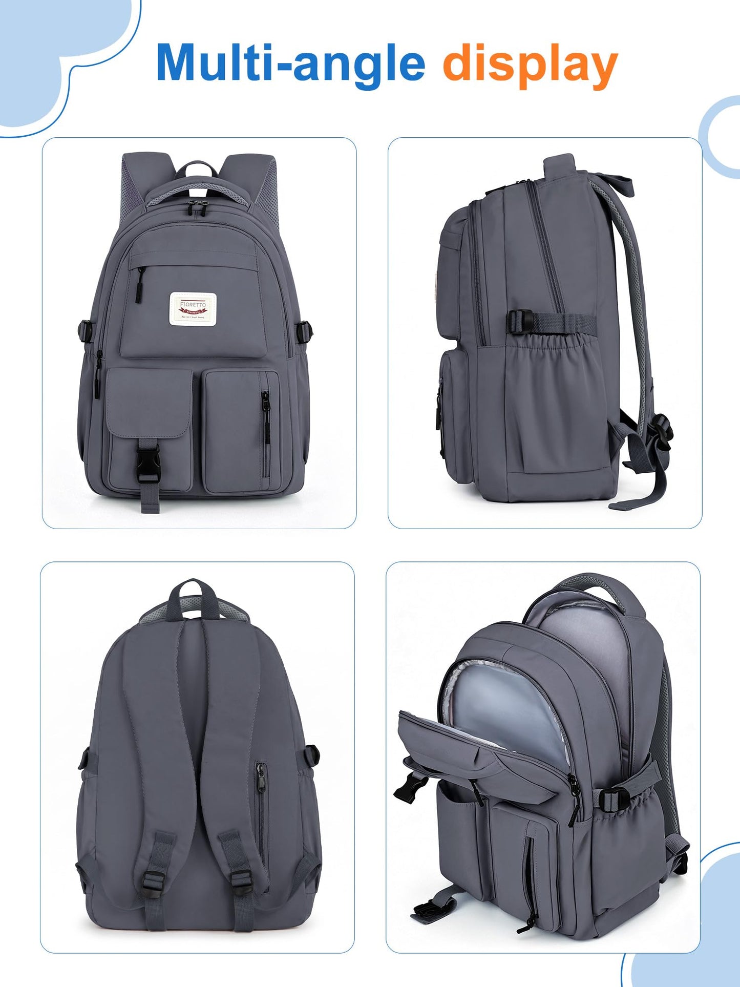 FIORETTO School Backpack for Teen Girls & Women with Compartment, Lightweight School Bag Bookbag with Multiple Pockets, Ideal for Middle High School, College, Travel, Dark Grey 25L