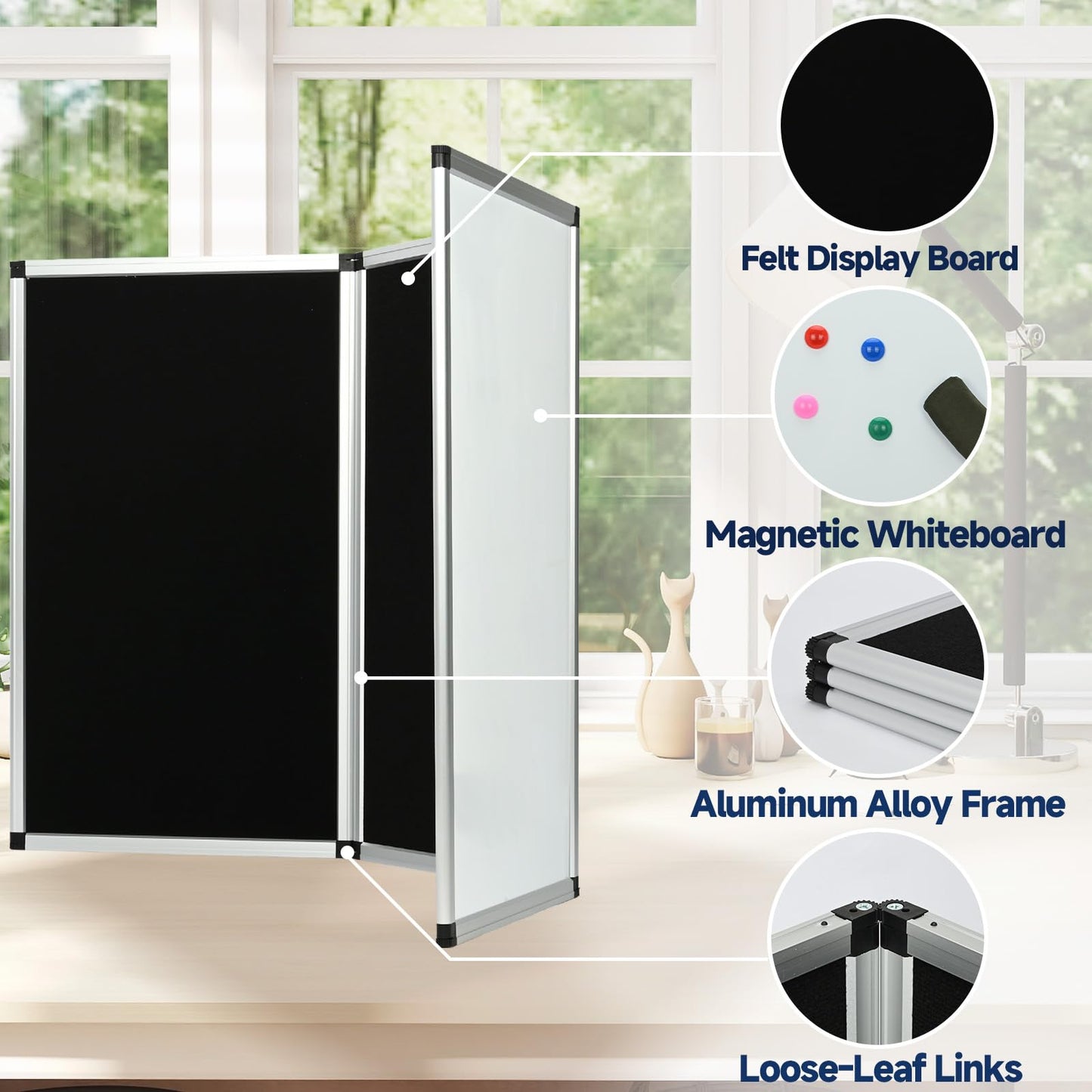 uyoyous 3 Panel Trade Show Presentation Board 70.8 x 35.4 inches Trifold Poster Board Double Sided Presentation Whiteboard Folding Display Panel for Science Fair, Trade Show Table Top