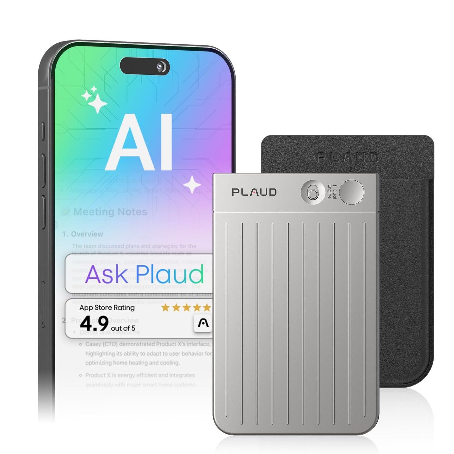 Plaud Note AI Voice Recorder, Note Taker w/Case, App Control, Transcribe & Summarize with AI, Support 112 Languages, for Meetings, Calls, Lectures, Professionals, Teams, Silver, Non-Pro Version