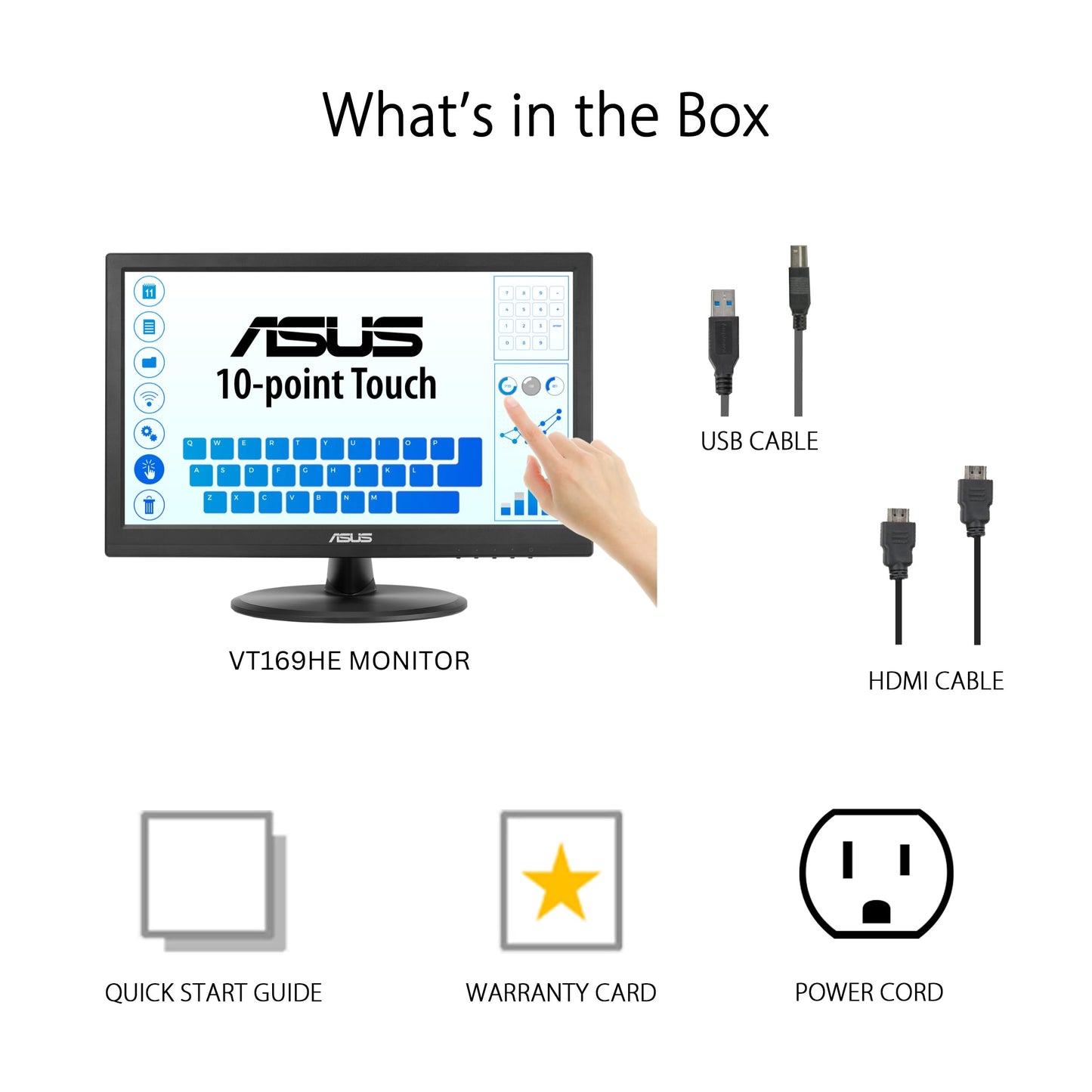 ASUS 15.6” 1080P Touch Monitor (VT169HE) - Full HD, 10-Point Touchscreen, IPS, Wide Viewing Angle, Frameless, Eye Care, Flicker Free, Low Blue Light, HDMI, Windows 11 Compliance, VESA Mountable