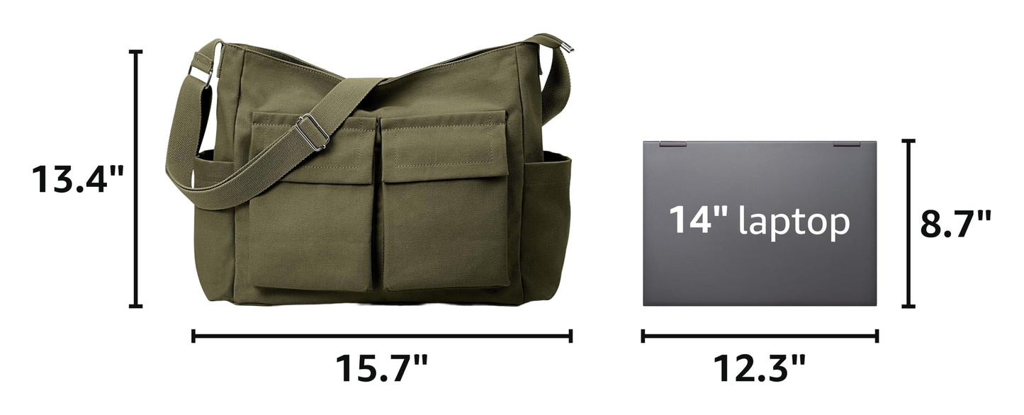 KALIDI Canvas Tote Messenger Bag with Pockets, Large Crossbody Bags for Women or Men, Casual Canvas Shoulder Bag for College Work Travel Daily, Army Green