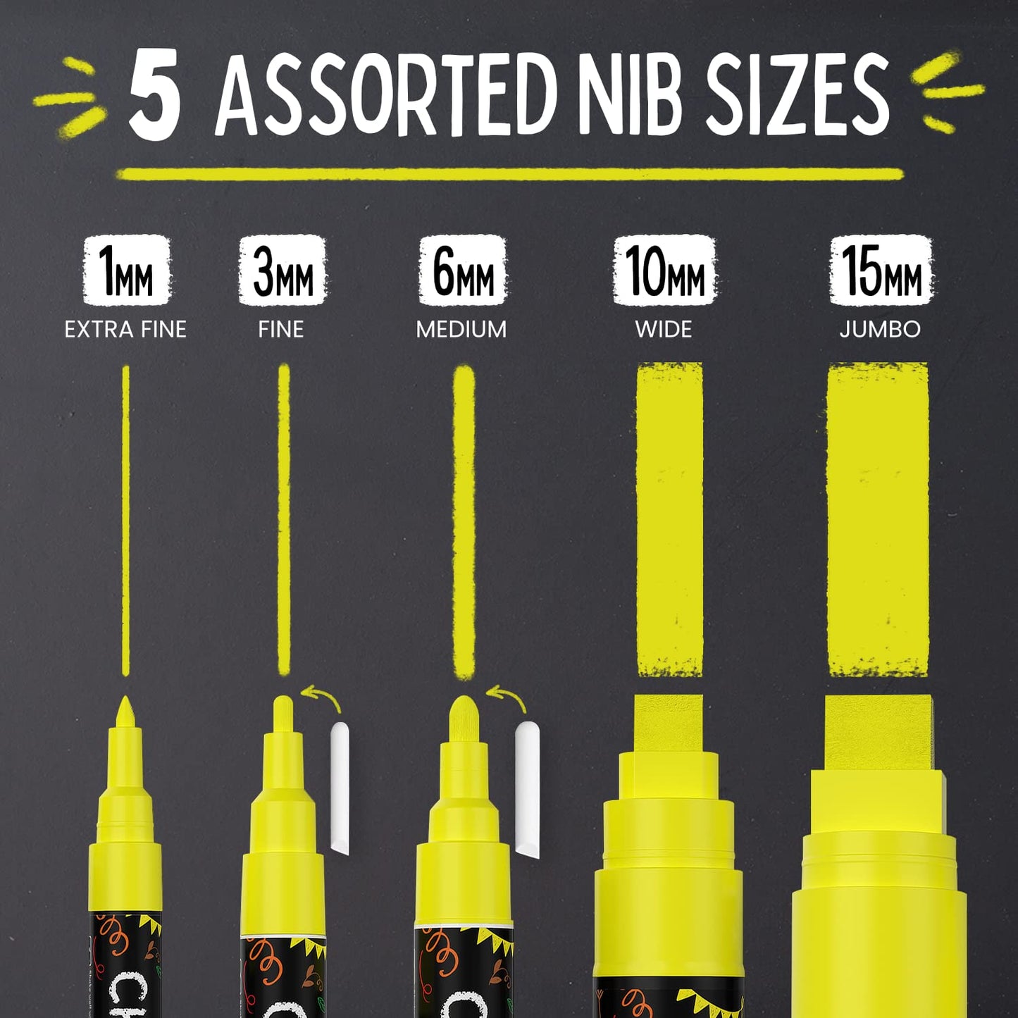5 Yellow Chalkboard Chalk Markers - Yellow Dry Erase Markers for Blackboard, Chalkboard Signs, Windows, Glass | Variety Pack - Fine & Jumbo Size Ink Pen (1mm, 3mm, 6mm, 10mm, 15mm)