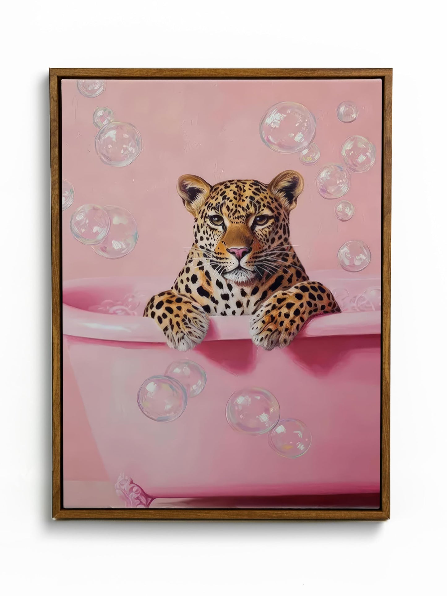 Framed Cheetah Bathroom Wall Art Pink Leopard in Bathtub Canvas Poster Funny Leopard Bathroom Print Maximalist Art Painting Trendy Bath bubbles Wall Decor Ready To Hang