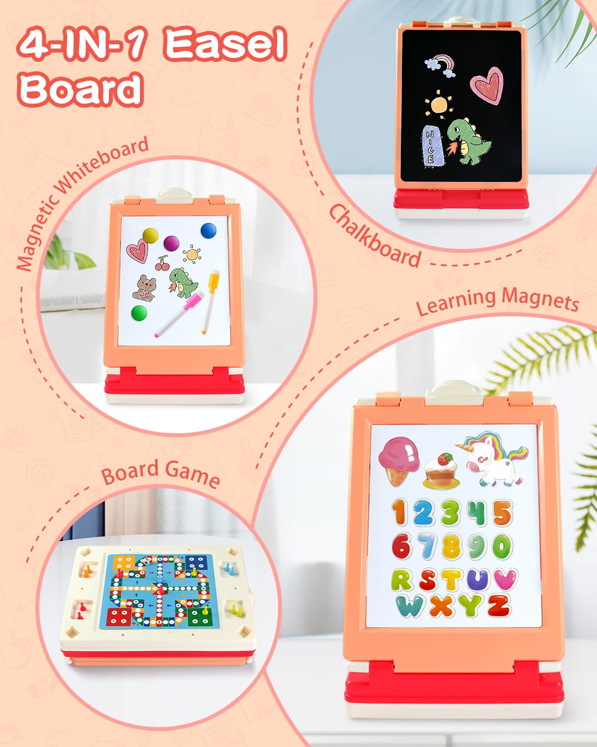Elovien Foldable Art Easel for Kids, Double Sided with Chalkboard & Magnetic Dry Erase Board, Height Adjustable Desktop Easel, Educational Gift for Girls (Pink)