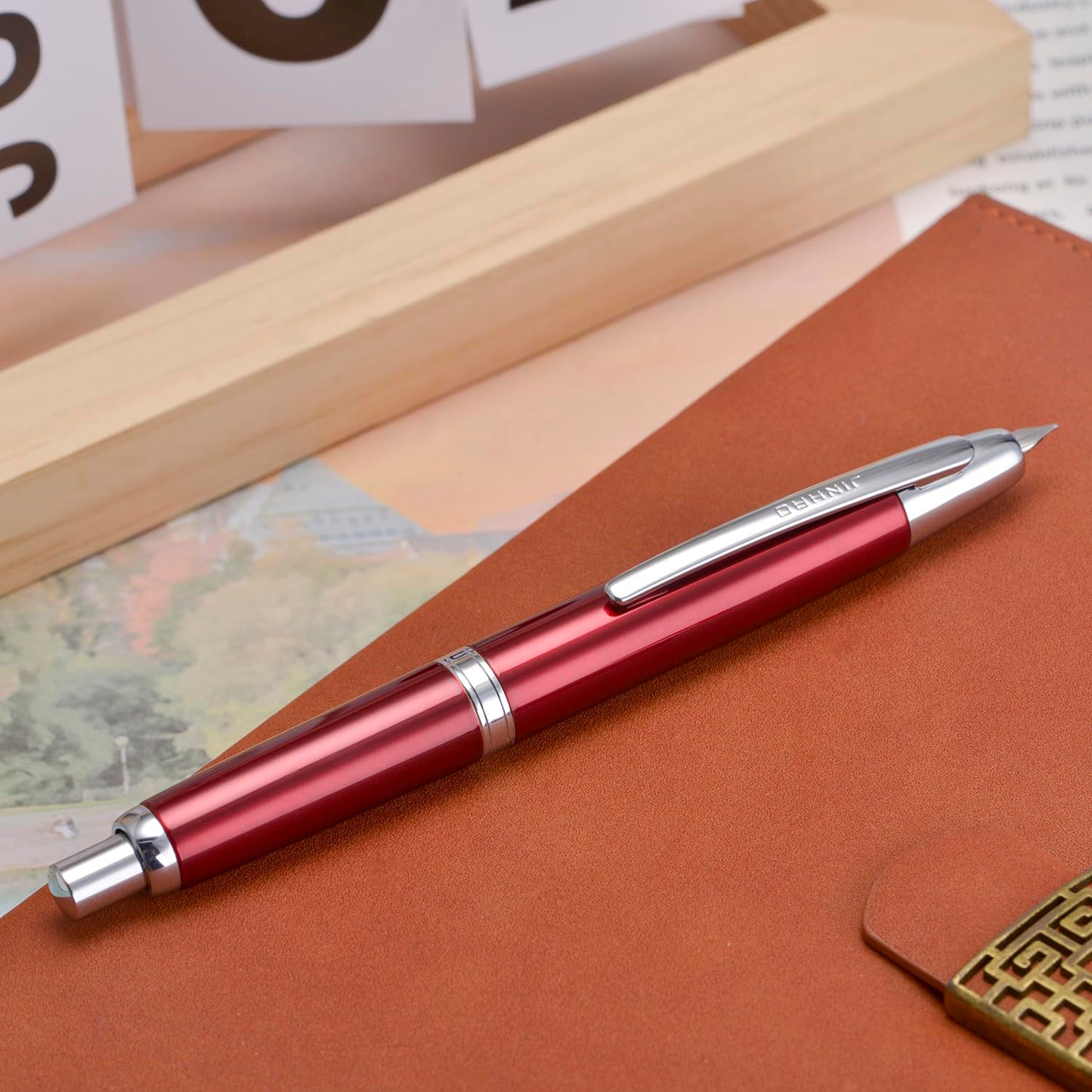Jinhao 10 Press Fountain Pen with Box, Rose Red Retractable Extra Fine Nib with Ink Converter Set (Silver Clip)
