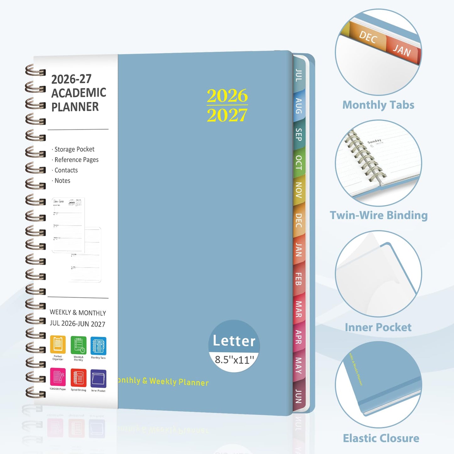 Planner 2026-2027, Weekly and Monthly Academic Planner, July 2026 - June 2027, Hardcover Calendar Agenda Book for School Year Planning, School Supplies for Teacher and Student, Letter Size(8.5'' x 11'')