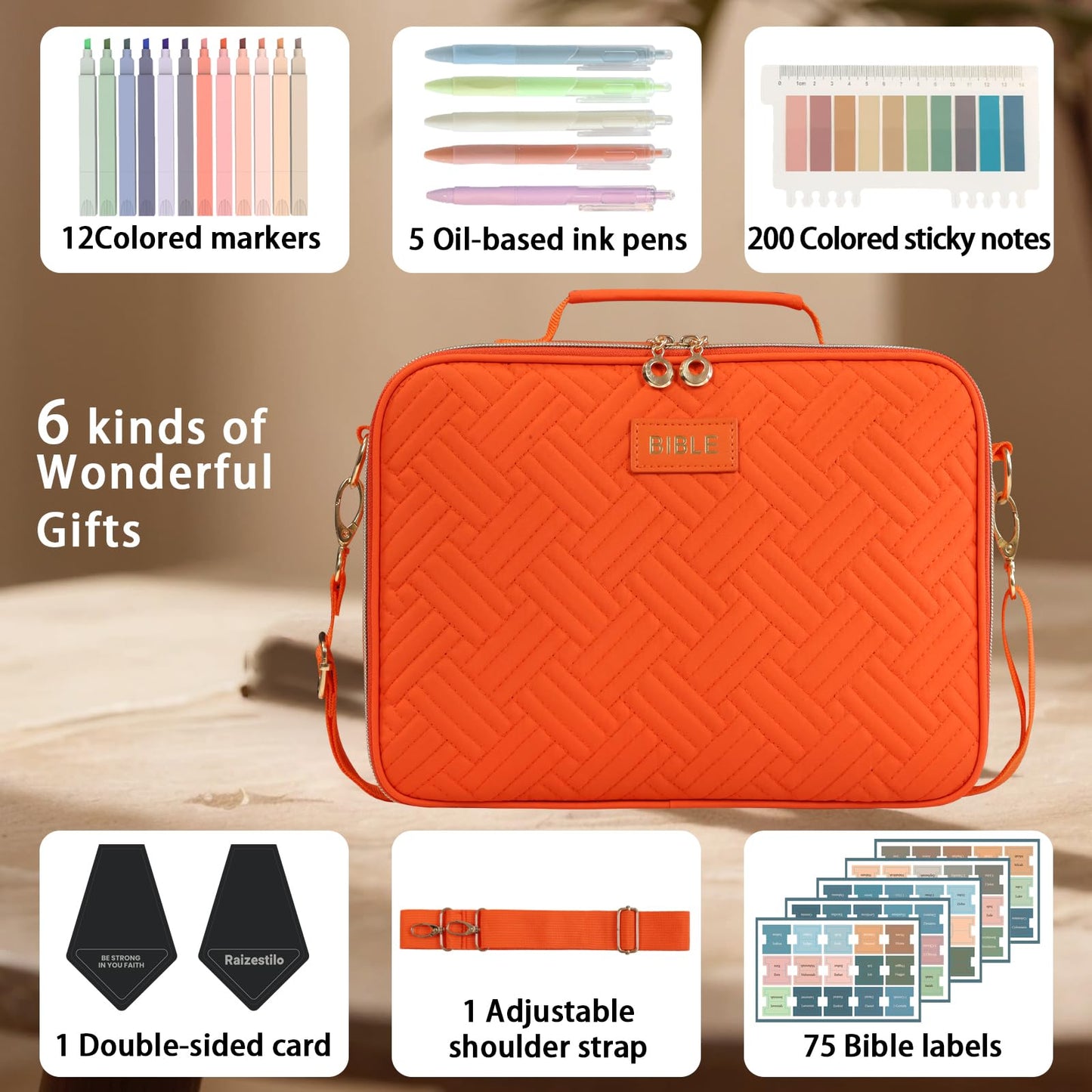 Bible Cover for Women Bible Case, Large Bible Bag, Bible Study Supplies Bible Journaling Kit Book Carrying Case with Bible Highlighters Tabs, Valentines Day Christian Gifts for Women (Orange)