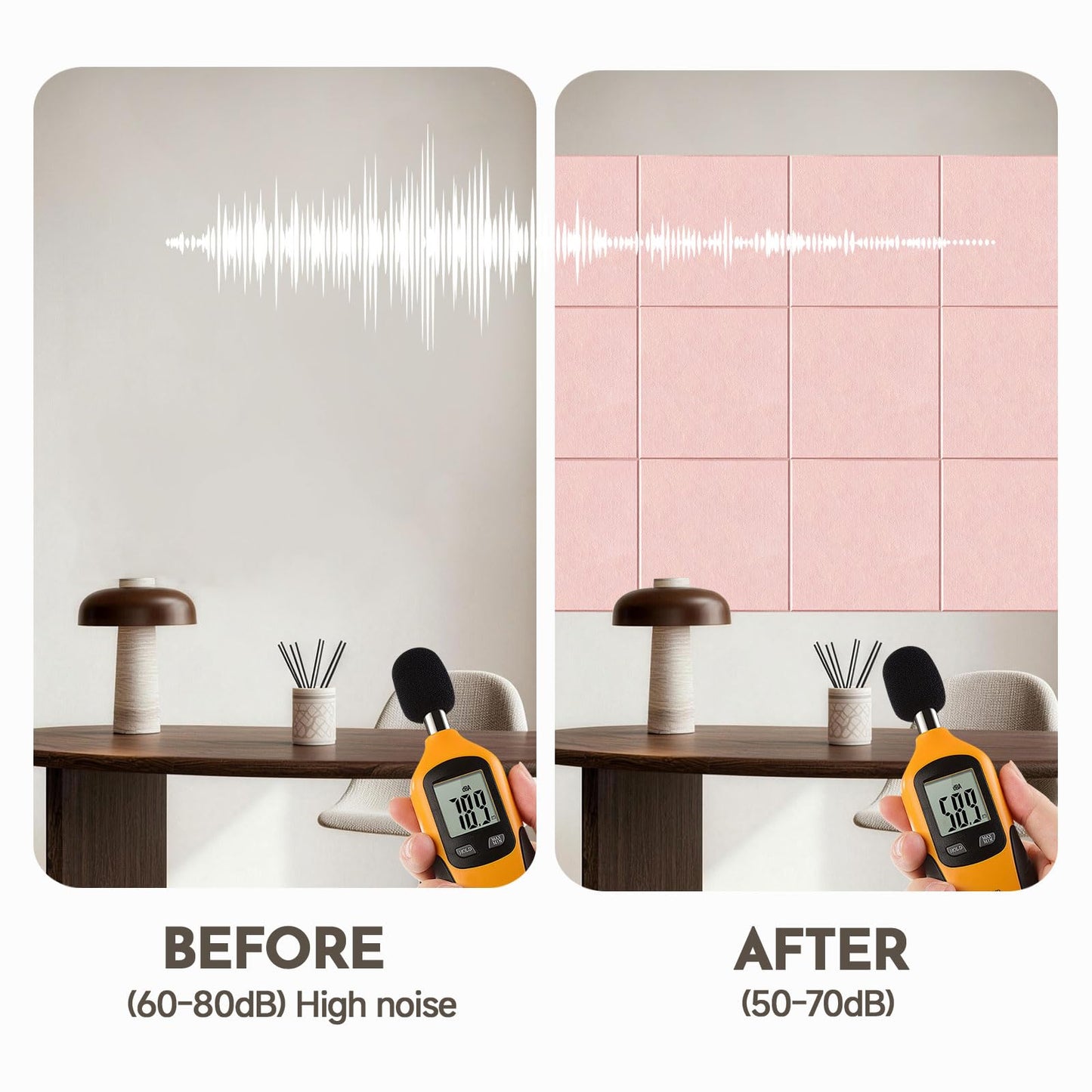 MISSDAY Pink Acoustic Wall Panel Felt Bulletin Board 48" x 36" Cork Board for Wall, 12-Pack Boards with 72 Removable Adhesive Tabs, 50 Pins, Pin Board for Home Office Classroom Soundproof Wall Tile