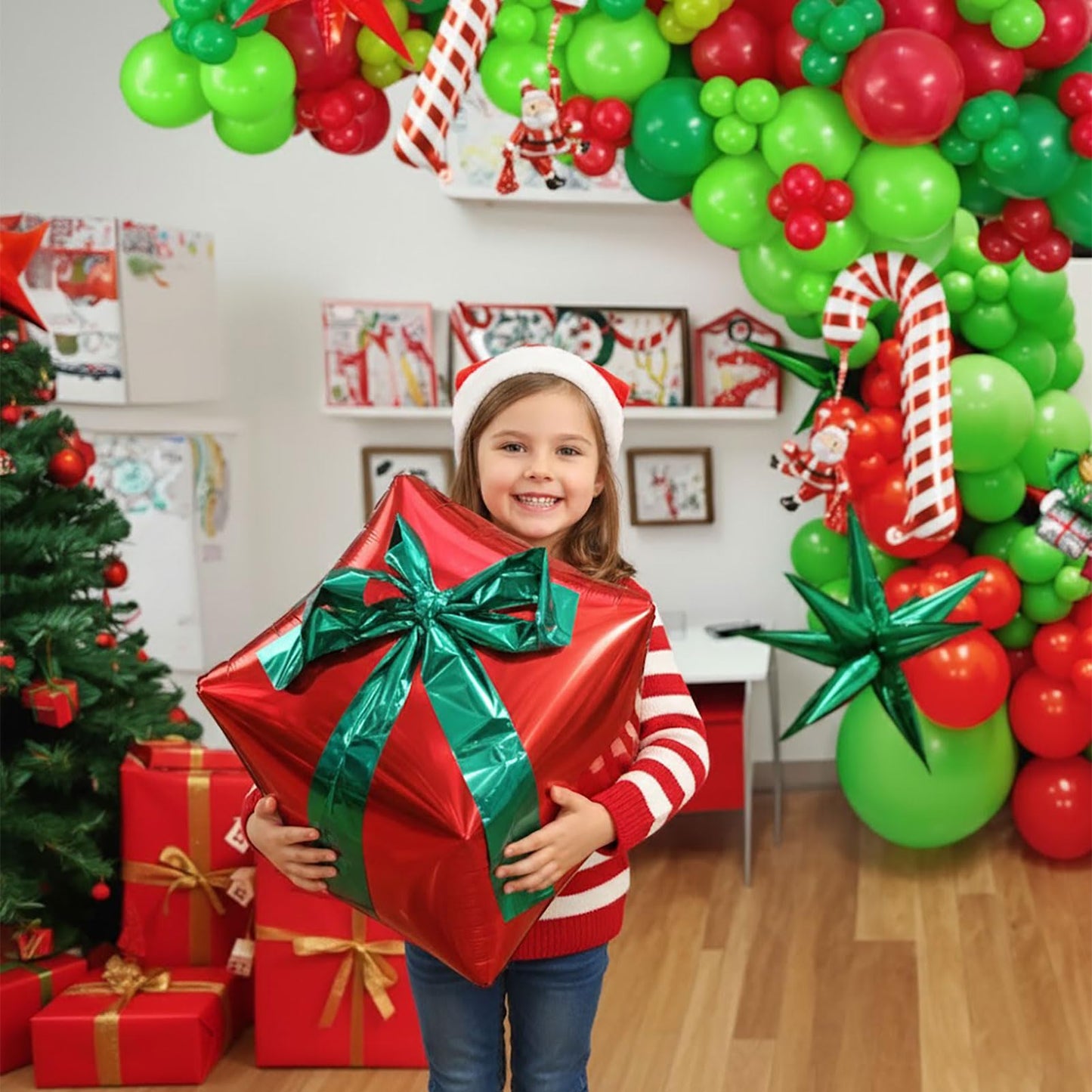 yeewaka Christmas Balloon Garland Arch Kit130+pcs Xmas Red Green Balloons with candy cane Christmas tree gift box Balloons for Kids Grinchmas Party Naughty Christmas Birthday Decorations