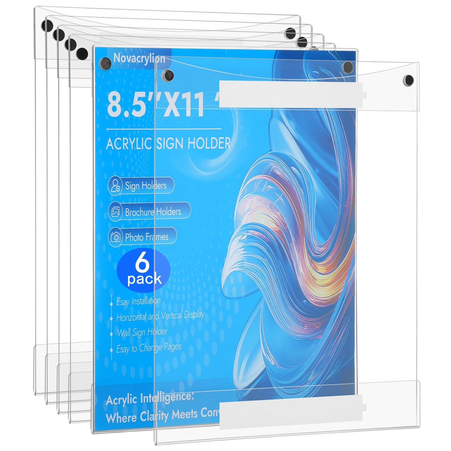 Novacrylion Acrylic Sign Holder 8.5 x 11 Wall Mount, Adhesive & Magnetic Back - Vertical or Horizontal Mount for Office, Classroom, Retail Displays on Glass, Doors, Wood, or Other Smooth Surfaces