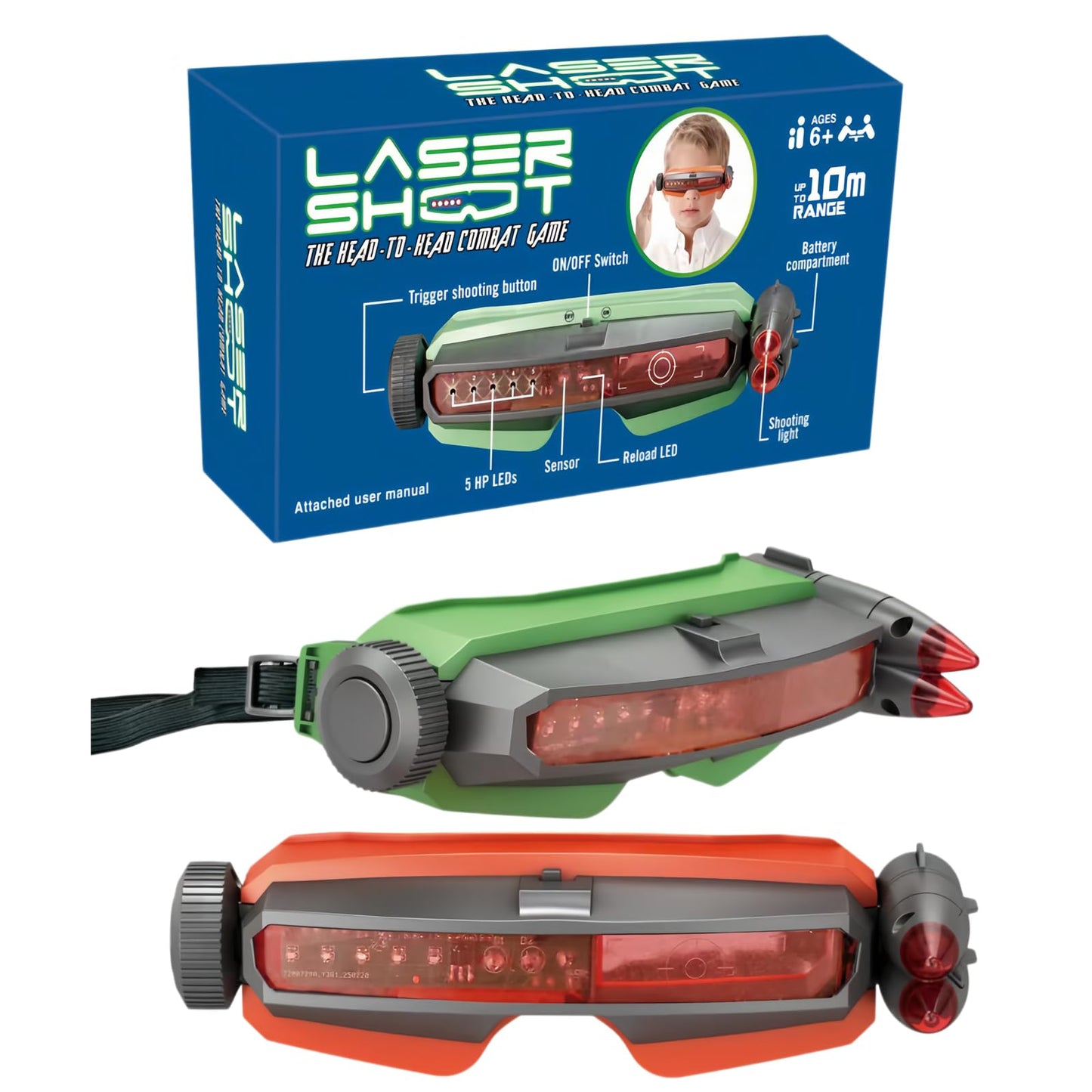 Laser Shoot Head-to-Head Combat Battle Eye Mask Laser Tag Game, LED Lights, 10M Range, for Ages 6+, 2 Pack (2, Green+Orange)