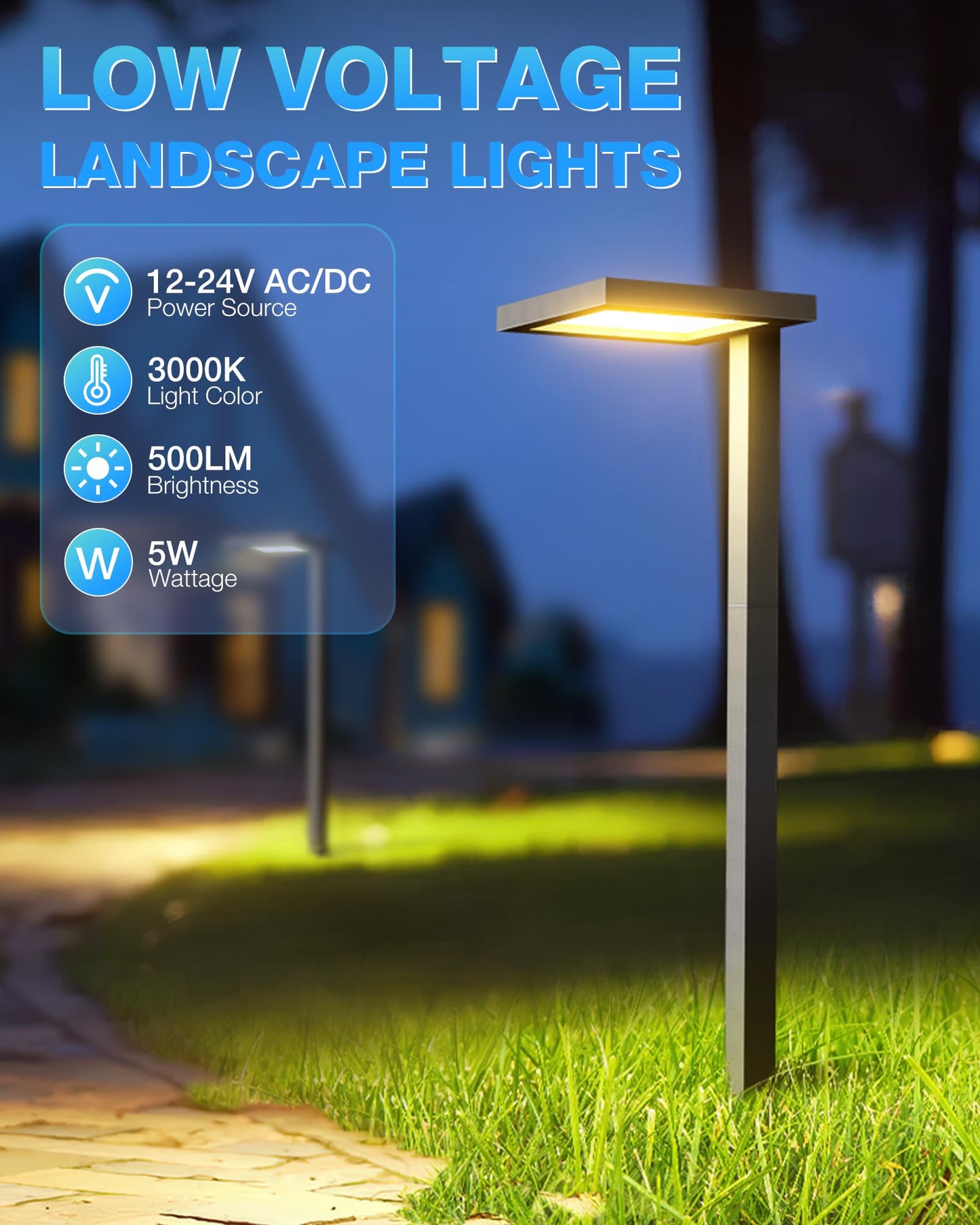 SUNVIE LED Landscape Path Lights, 5W Anti-Glare, 3000K Soft White, Cast-Aluminum, 12 Pack, Wired 12-24V Outdoor Lighting