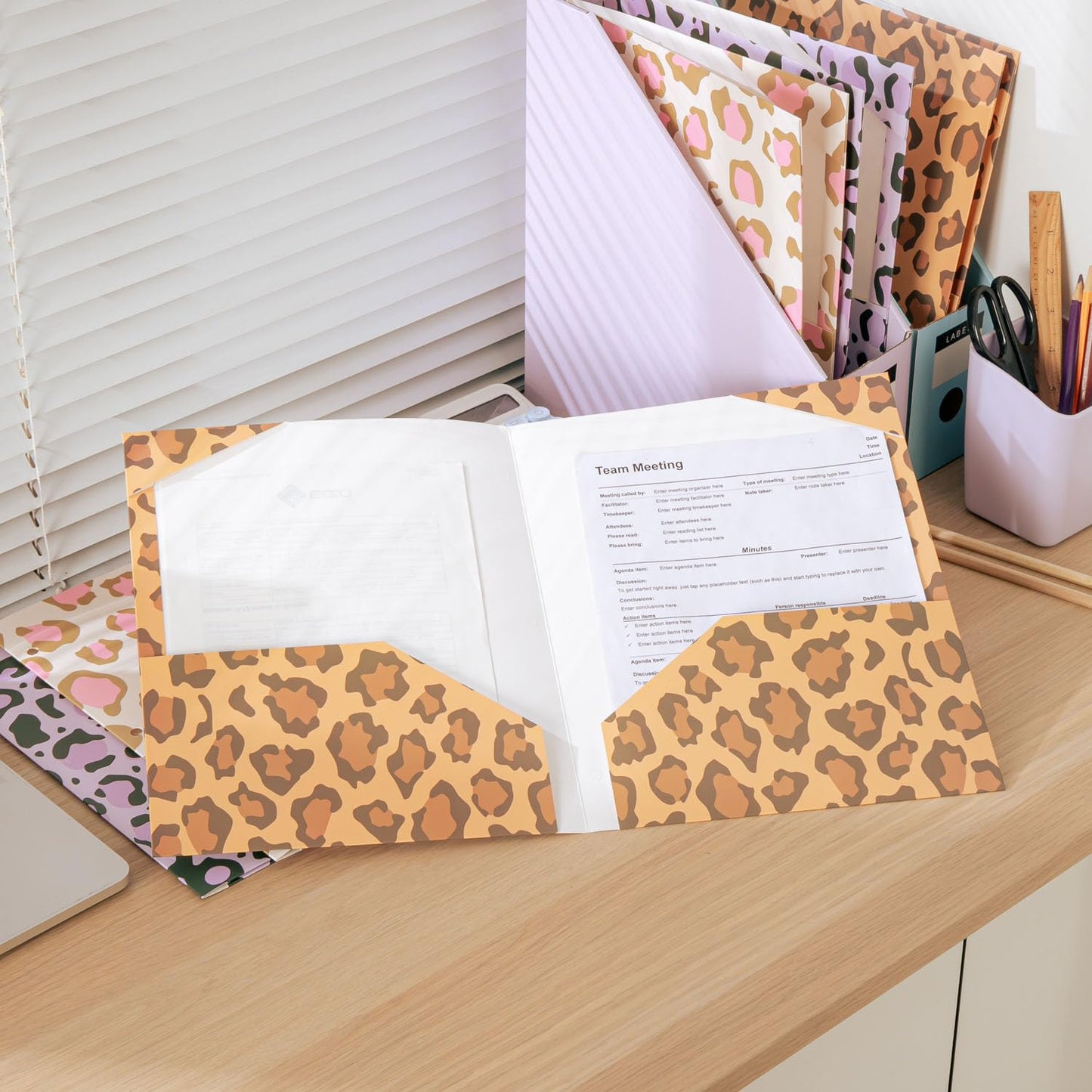 Beramon 6 Pack 2 Pocket Folders, Letter Size 3-Hole Punched Folders for 3 Ring Binders, Cute Cheetah Print School & Office File Folders