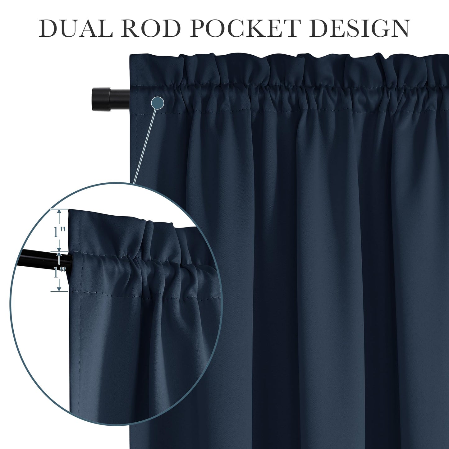 PONY DANCE Navy Blue Back Door Curtains for Door Window, 100% Blackout Dual Rod Pocket Privacy French Curtain for Kitchen, Thermal Insulated Small Window Drapes for Classroom, W25 x L40, 1 Panel