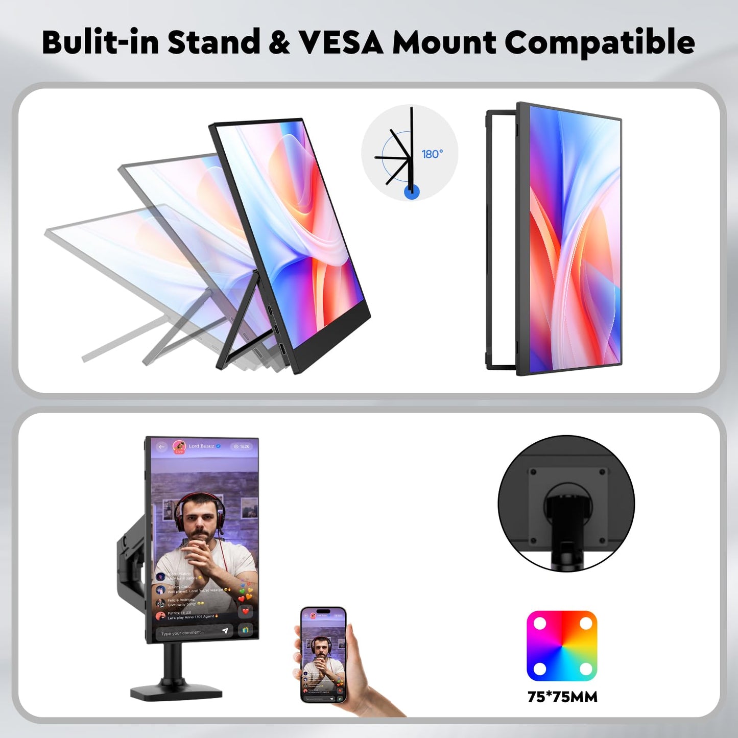 16" 2.5K Wireless Portable Monitor with Battery 8000mAh, 500 Nits HDR Display, 125% sRGB, USB-C / Mini HDMI External Travel Monitor, Auto Rotation, VESA Compatible for MacBook, iPhone, iPad, Windows