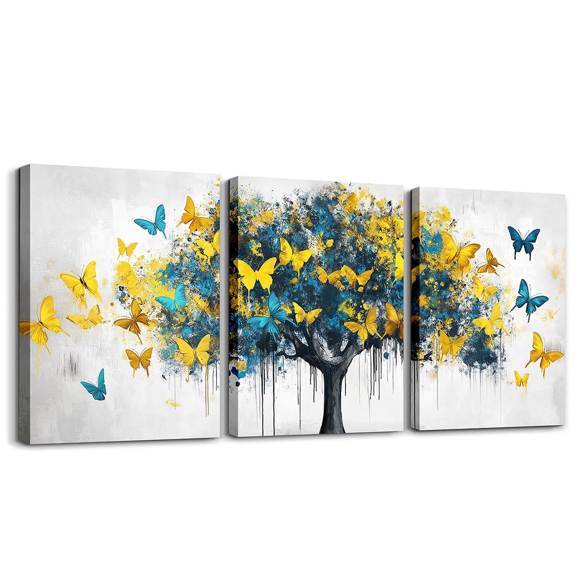 jejeloiu Blue Golden Tree Canvas Wall Art for Living Room Bedroom 12"x16"x3pcs Butterflies Picture Wall Decor for Bathroom Natural Scenery Office Decorations Artwork Posters Oil Painting Painting